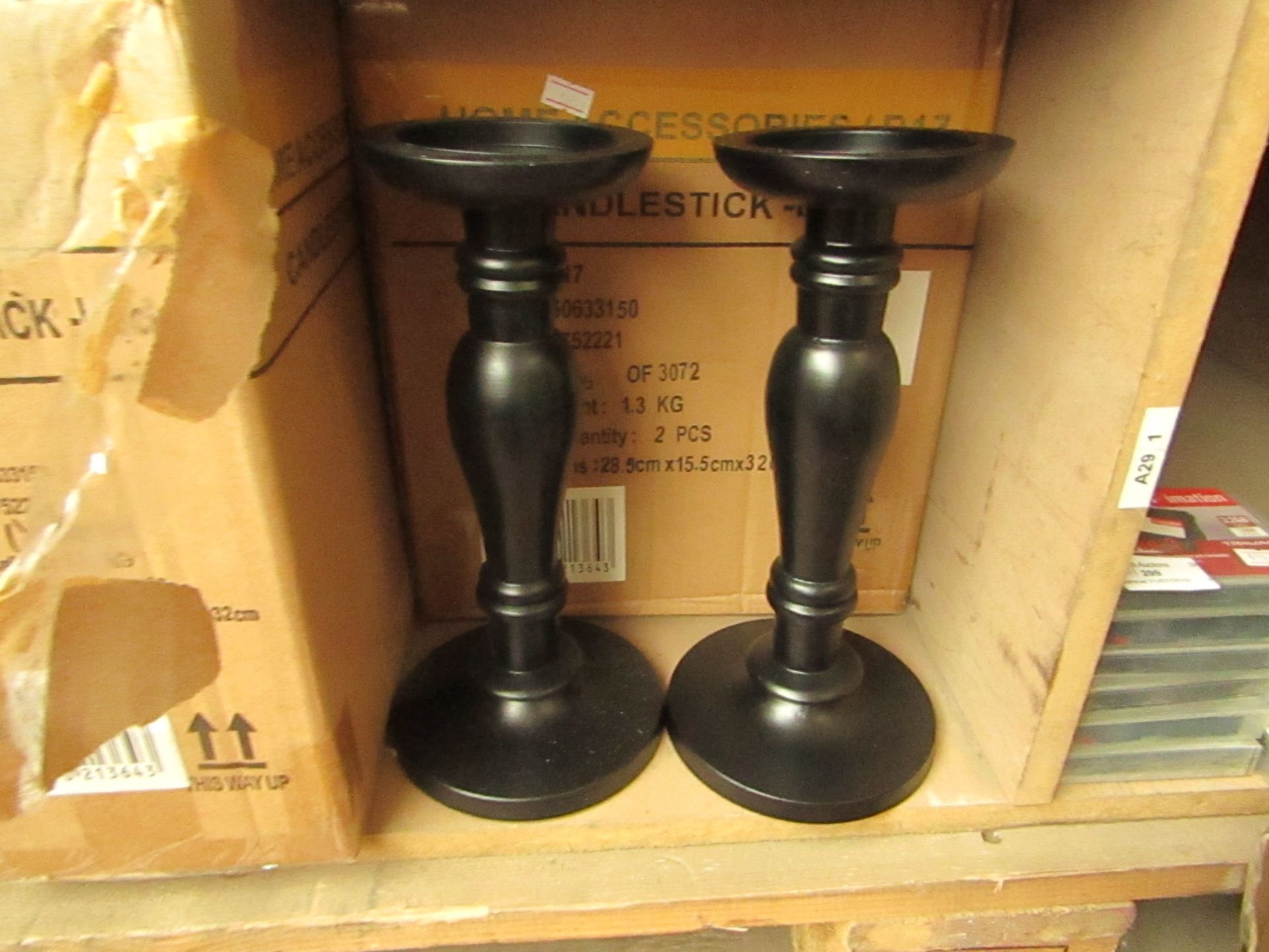 2 x Black candle sticks.New & Boxed