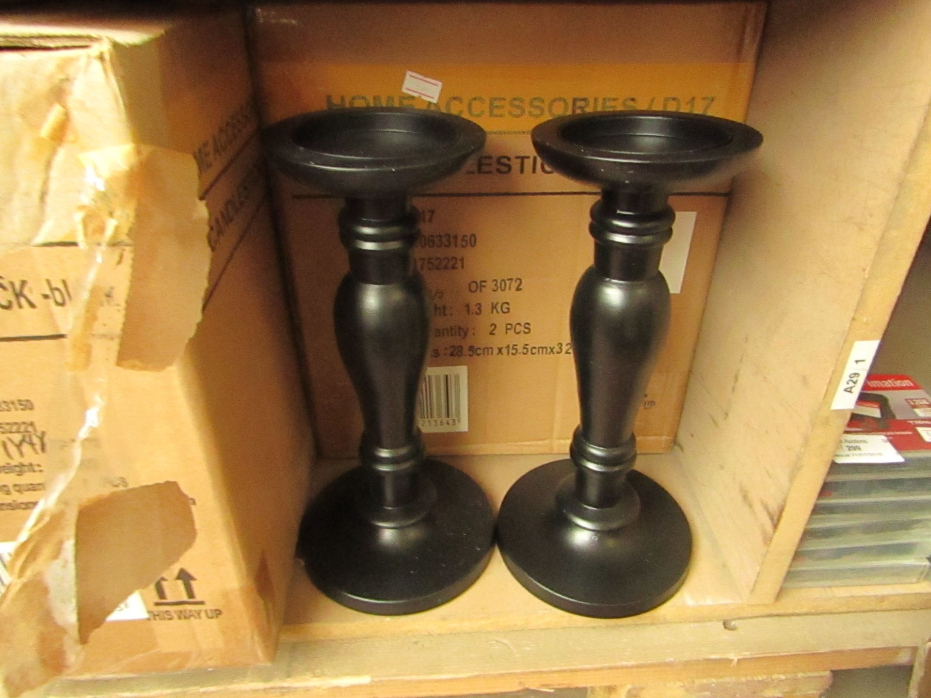 2 x Black candle sticks.New & Boxed