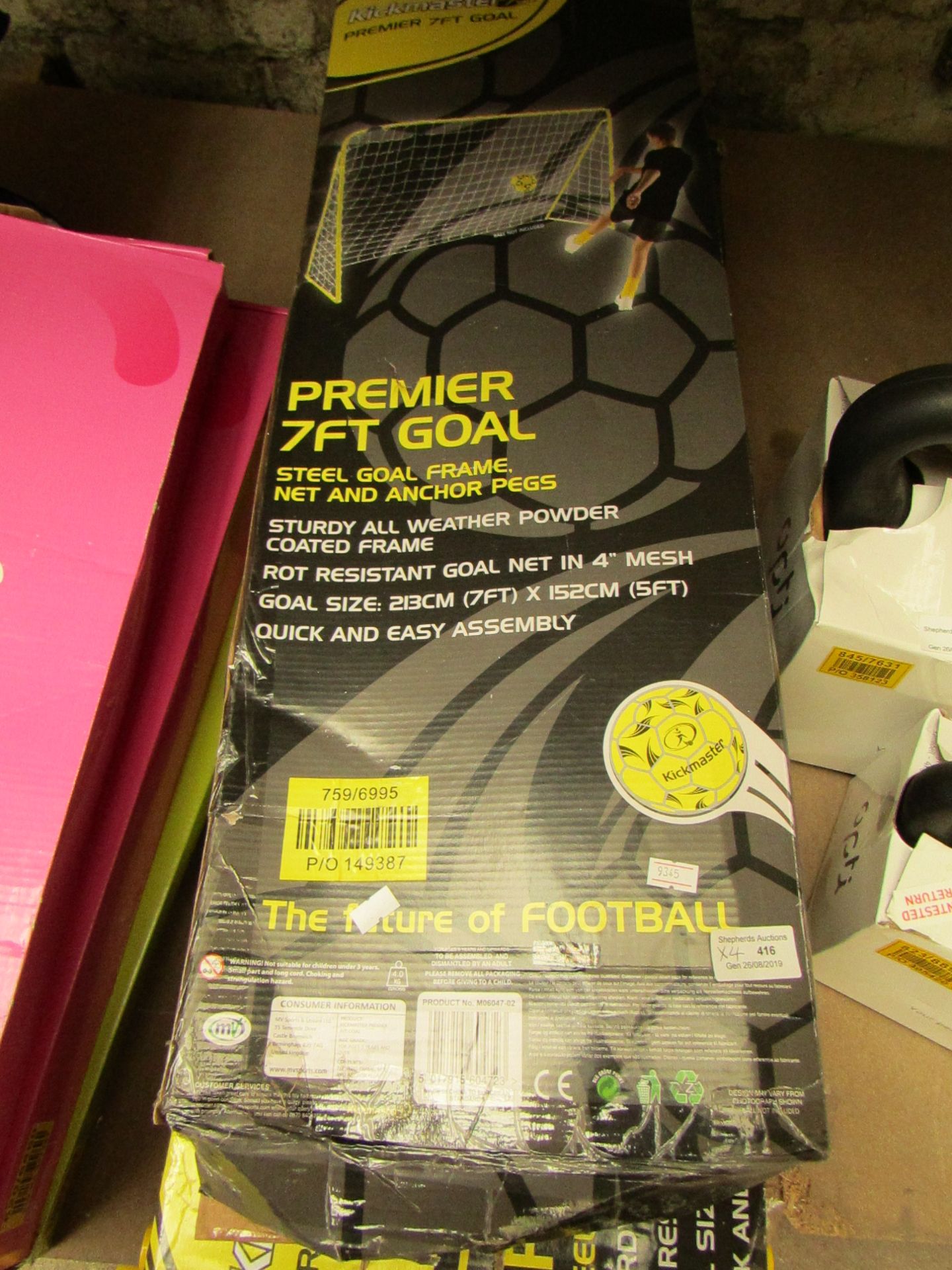 4x Kickmaster premier 7ft goal, unchecked and boxed.