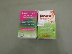 2 items being 1 x Cerumol Olive Oil Ear Drops 10ml packaged & 1 x Otex Live Oil Ear Drops 10ml