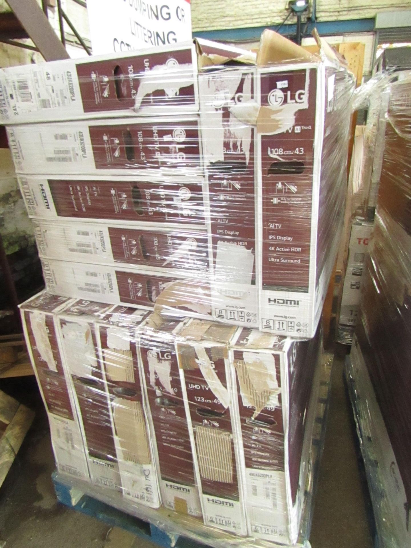 Pallet of 13x LG smashed screen TV's being 7x 43" and 6x 49" all boxed, please read lot 0