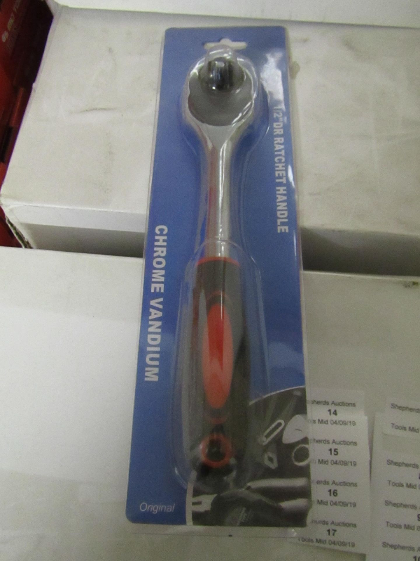 Chrome vandium 1/2" ratchet handle, new and packaged.