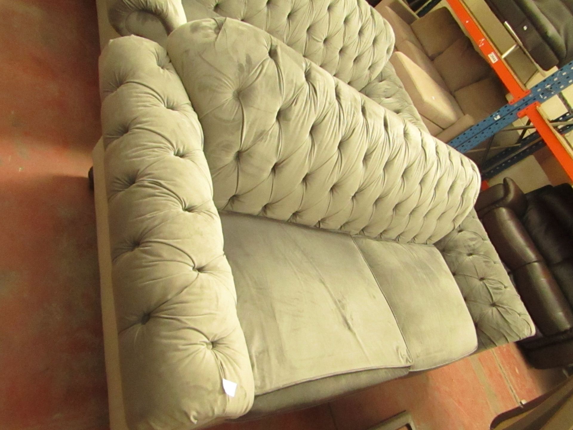 Three Seater, 2 cushion Crushed velvet button back sofa.