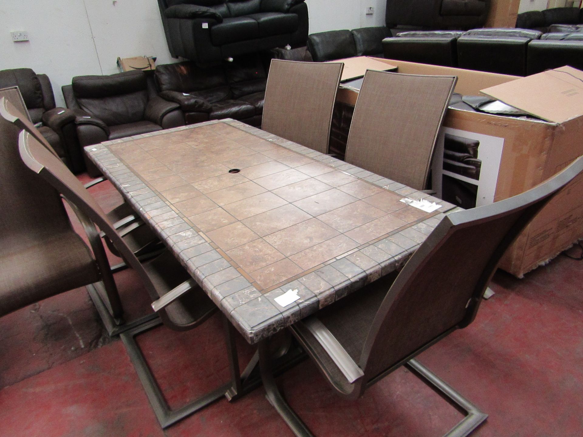 Costco Outdoor 6 seater outdoor dining set with 6 chairs, the tile top is damaged.