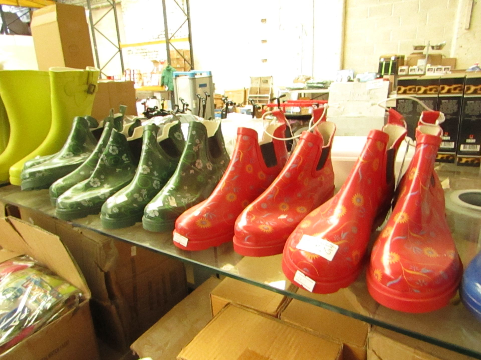 5 x pairs of  Red & Green Floral Wellie Shoes sizes 36 & 37 new