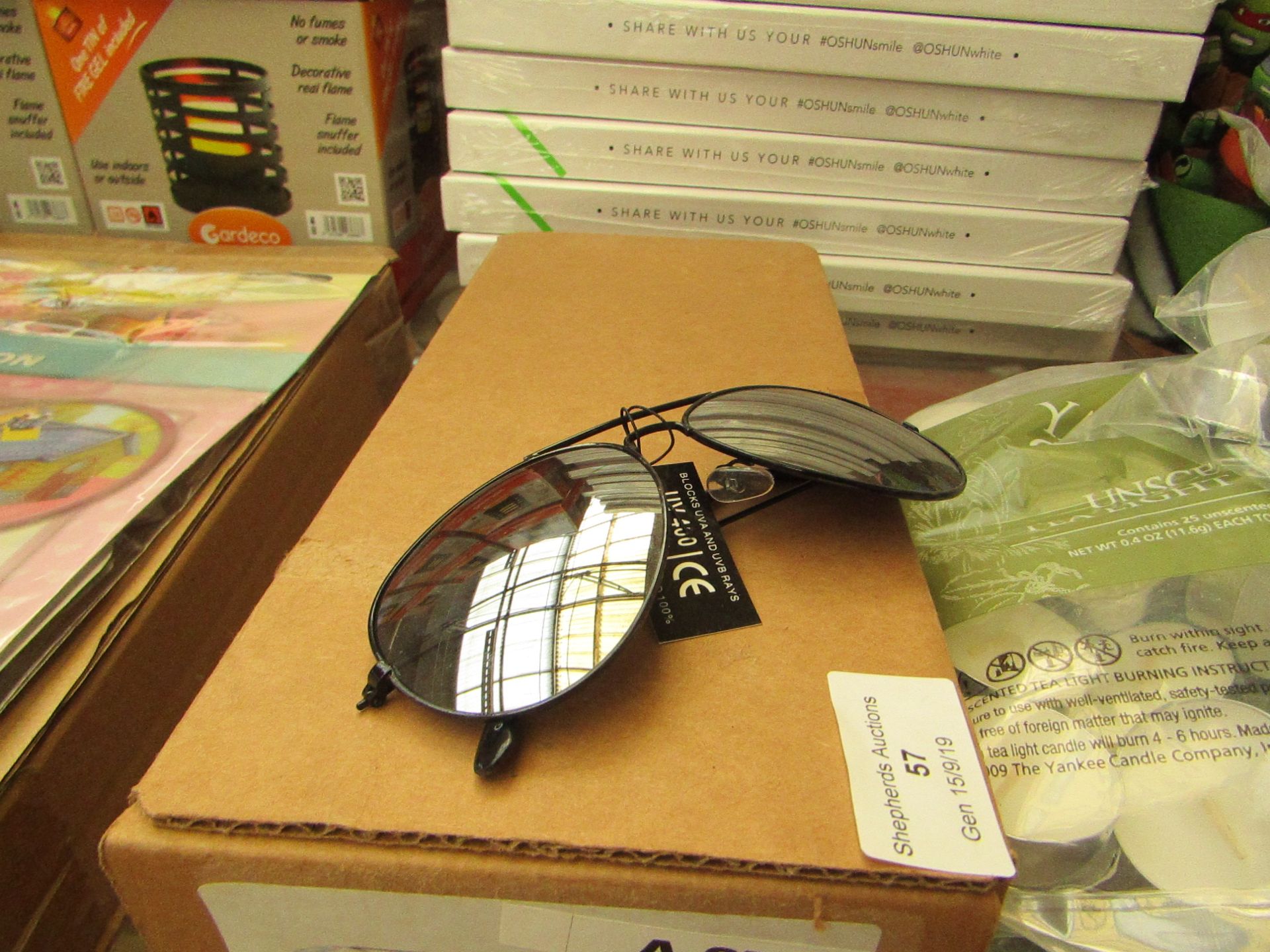 Box of 12 Black Rim Aviator Sunglasses. New & Packaged