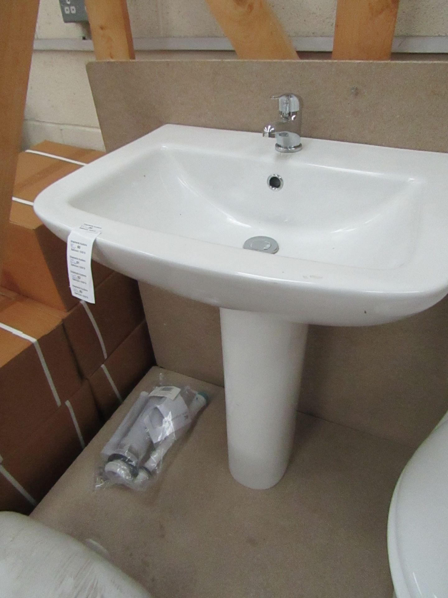 Unbranded Roca Cloakroom basin set that includes a 620mm 1 tap hole sink with full pedestal and a