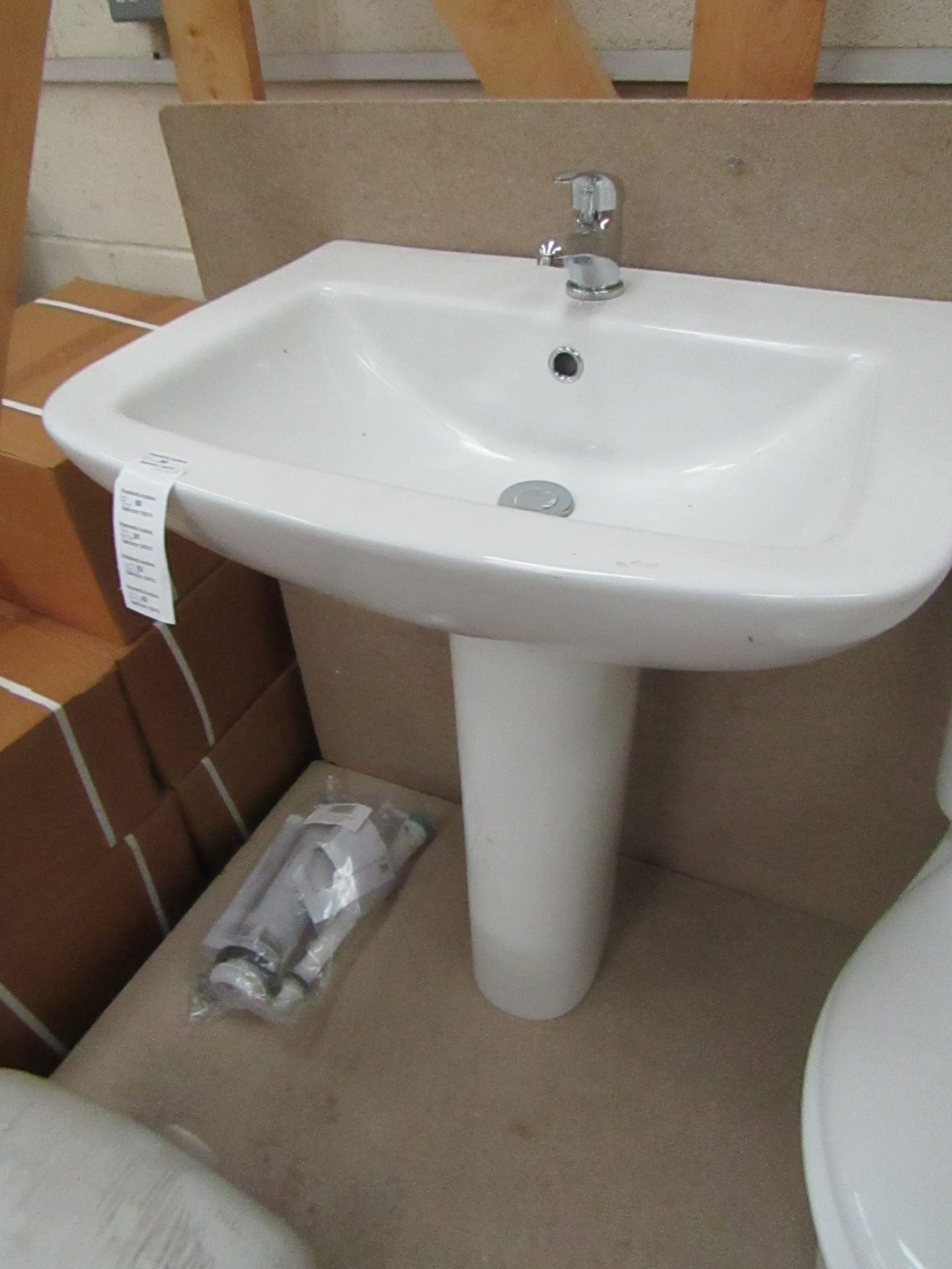 Unbranded Roca Cloakroom basin set that includes a 620mm 1 tap hole sink with full pedestal and a