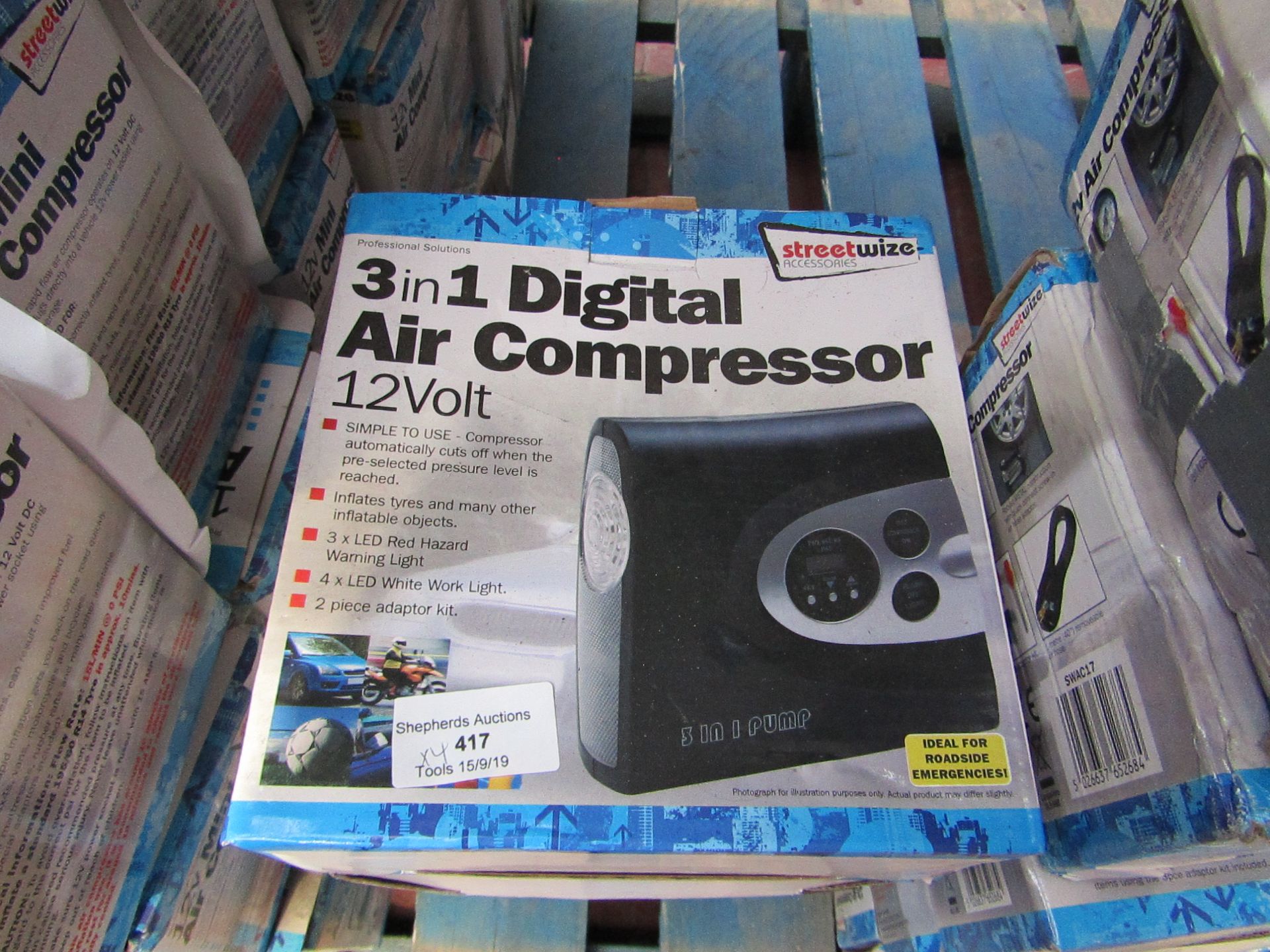 4x Streetwise 3 in 1 12v Digital Air compressors, boxed and unchecked