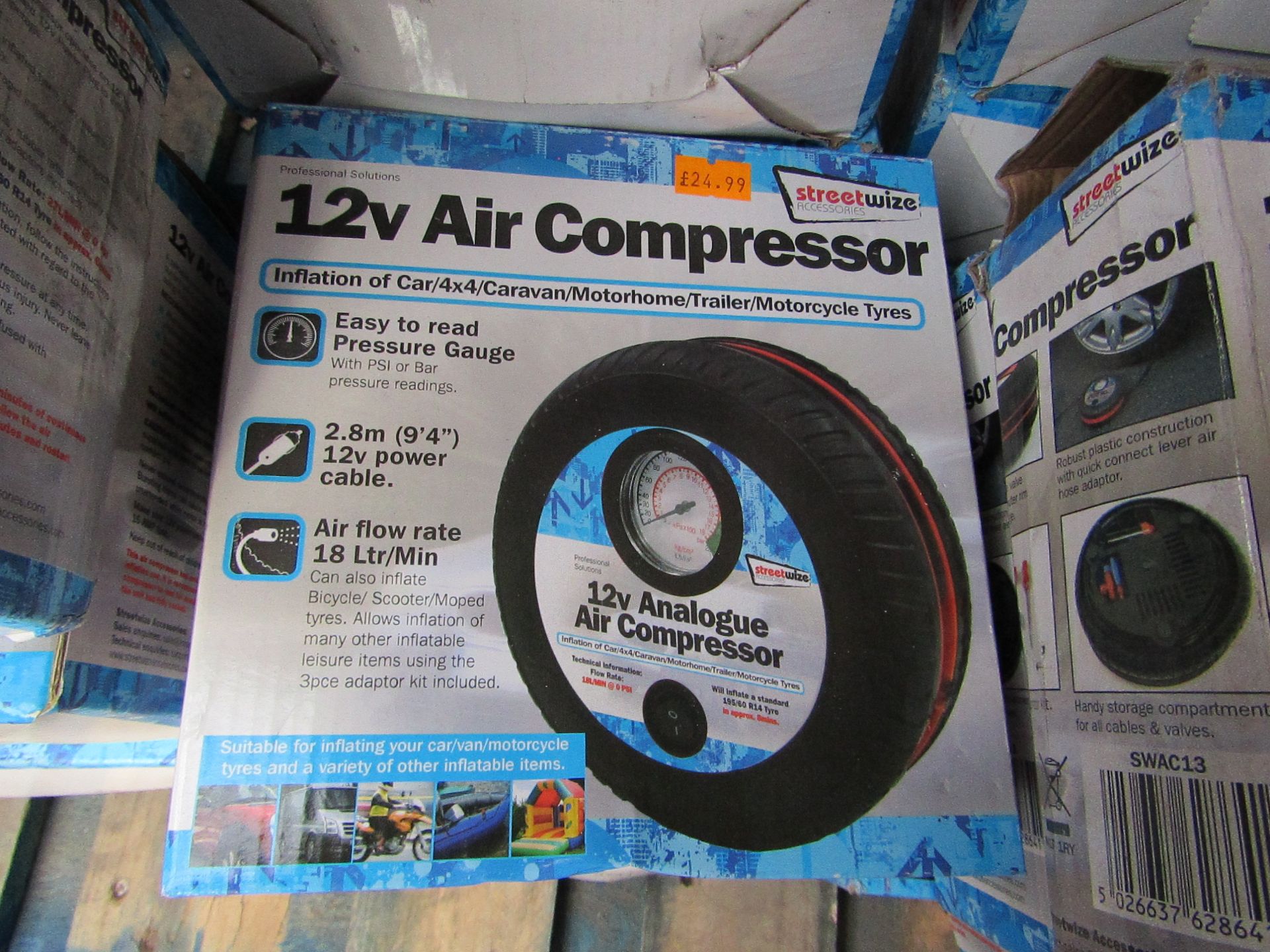 5x Streetwise 12V Air compressors, boxed and ucnehecked
