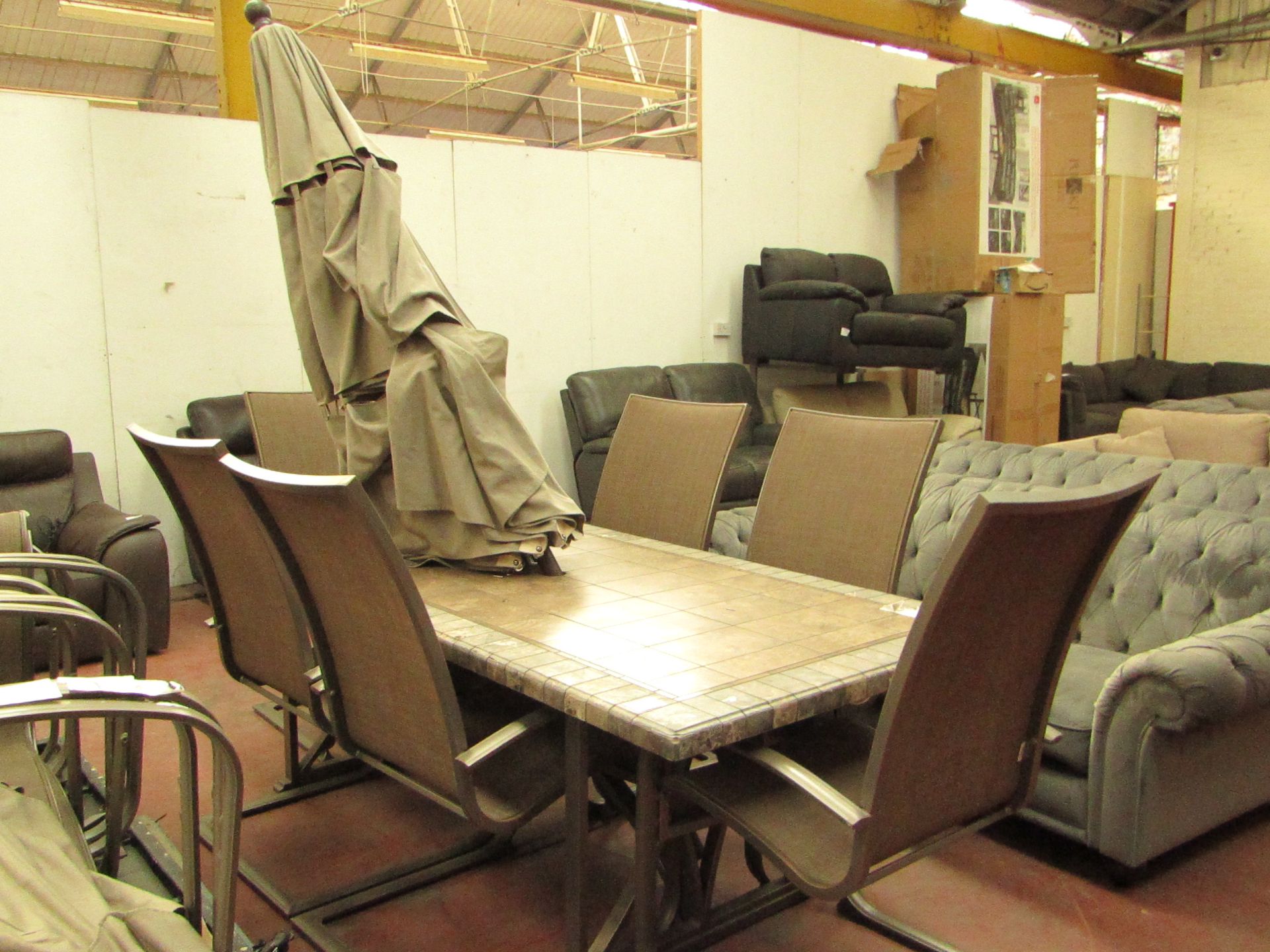 Costco Outdoor 6 seater outdoor dining set with 6 chairs, the tile top is damaged.