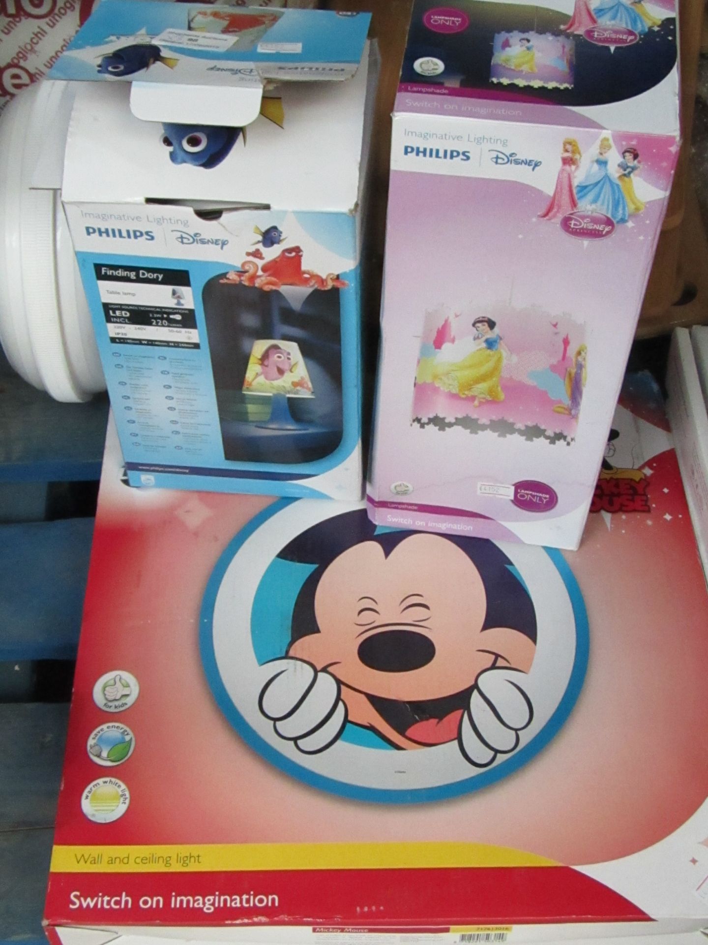 3x Philps Disney lights being a Mickey Mouse ceiling light, and Princess Lamp shade and a Dory table