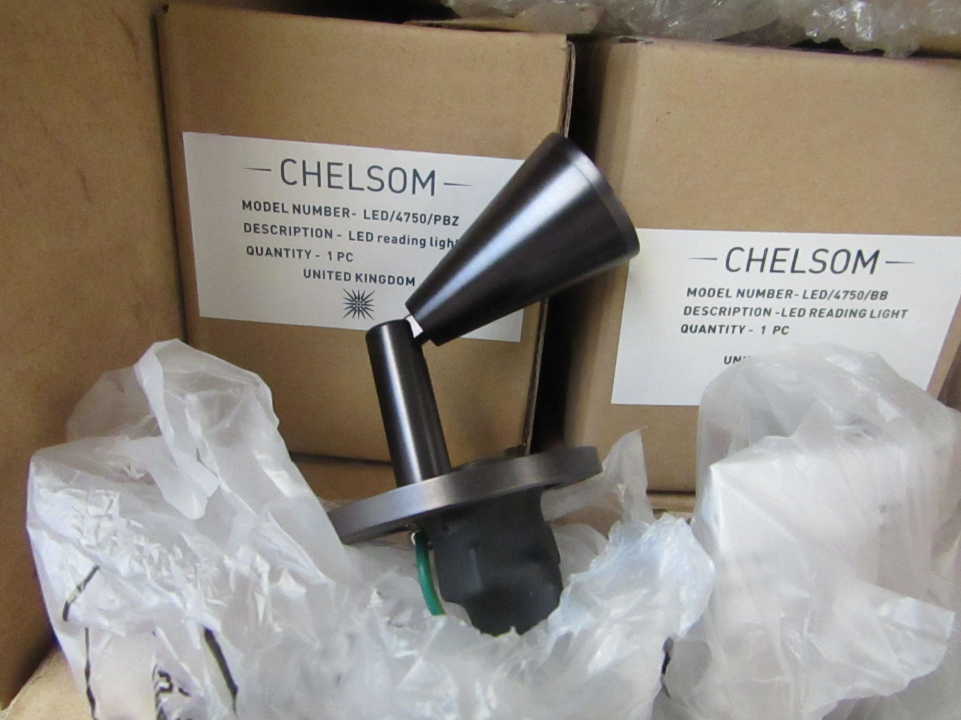 6x Chelsom LED reading lights, all new and boxed.