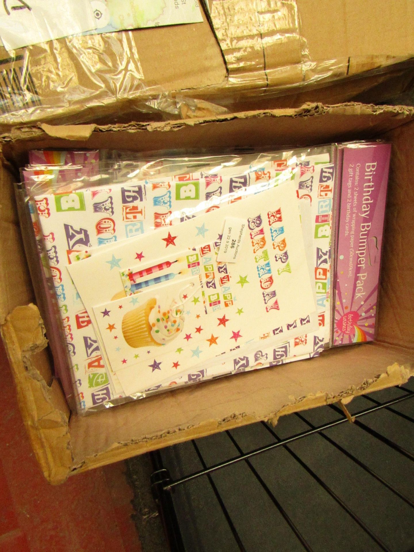 12 x packs of Birthday Bumper Sets contains 2 x Birthday cards 2 x Sheets of Wrapping paper & 2 x