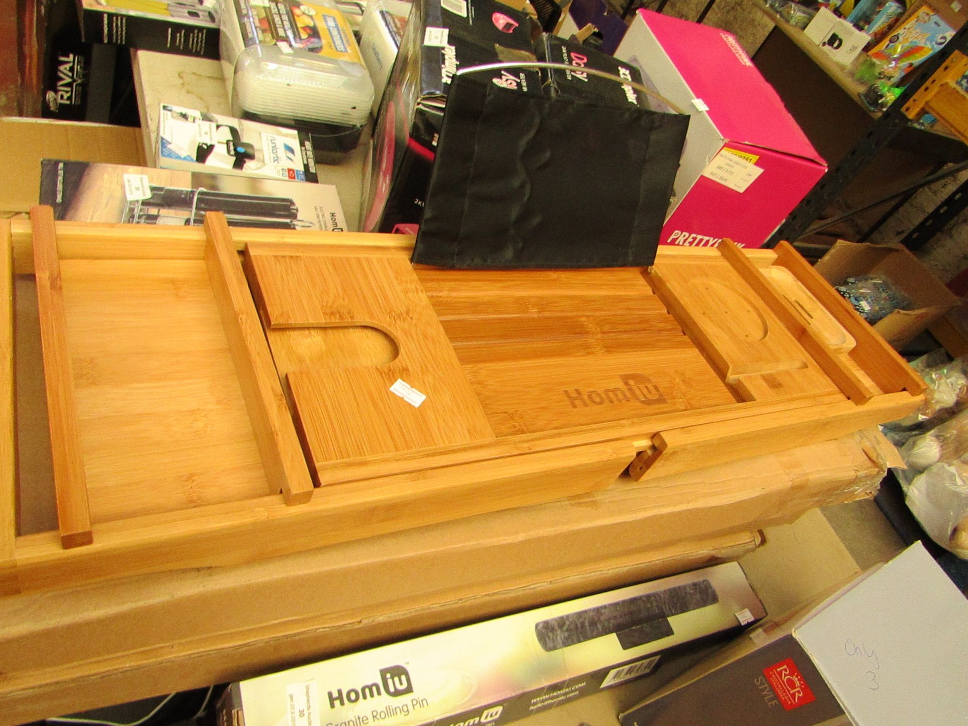 Luxury bamboo bath caddy, unchecked and boxed.