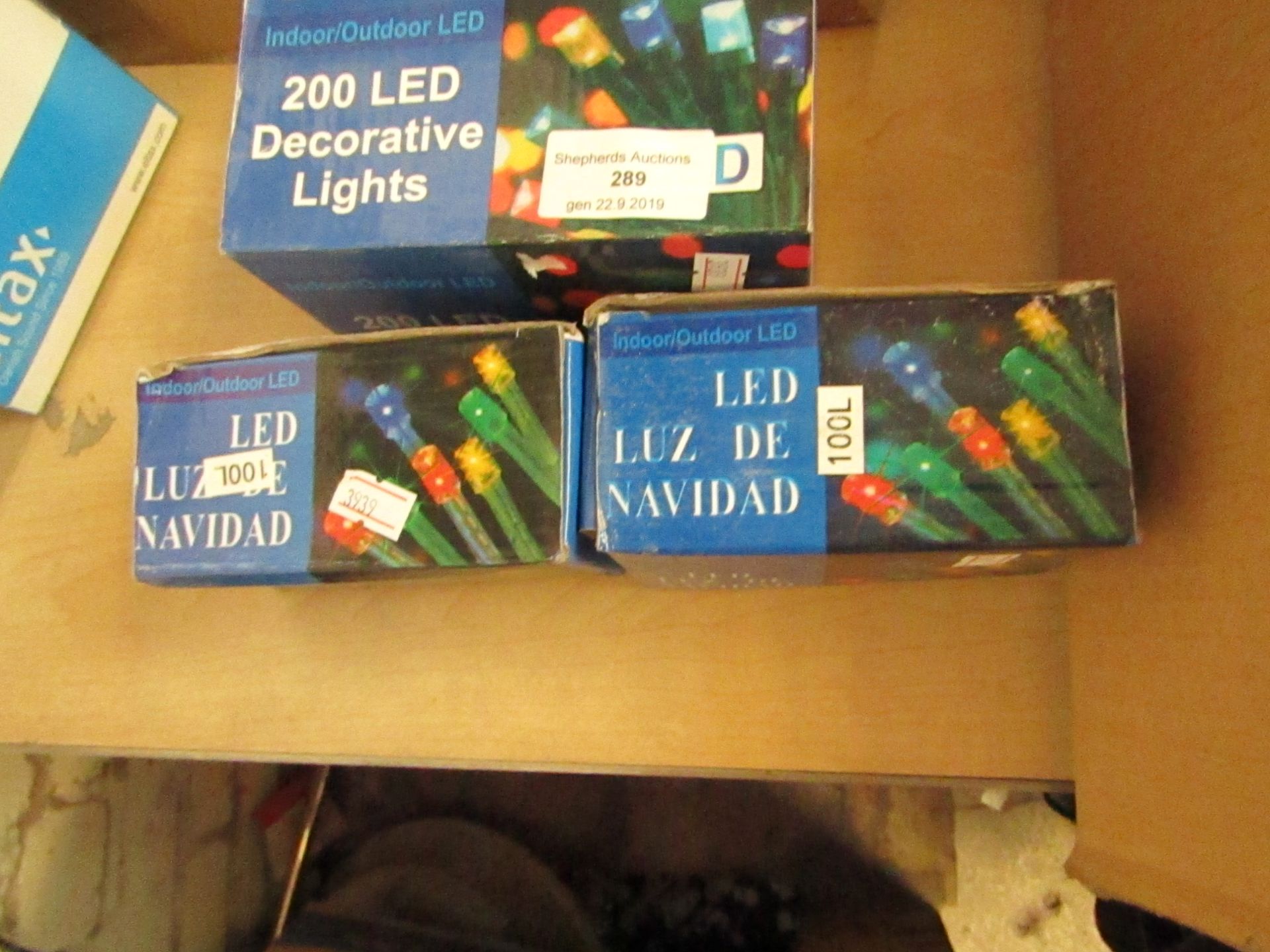 3 x sets of Decorative indoor/outdoor 200 & 100 Lights packaged unchecked