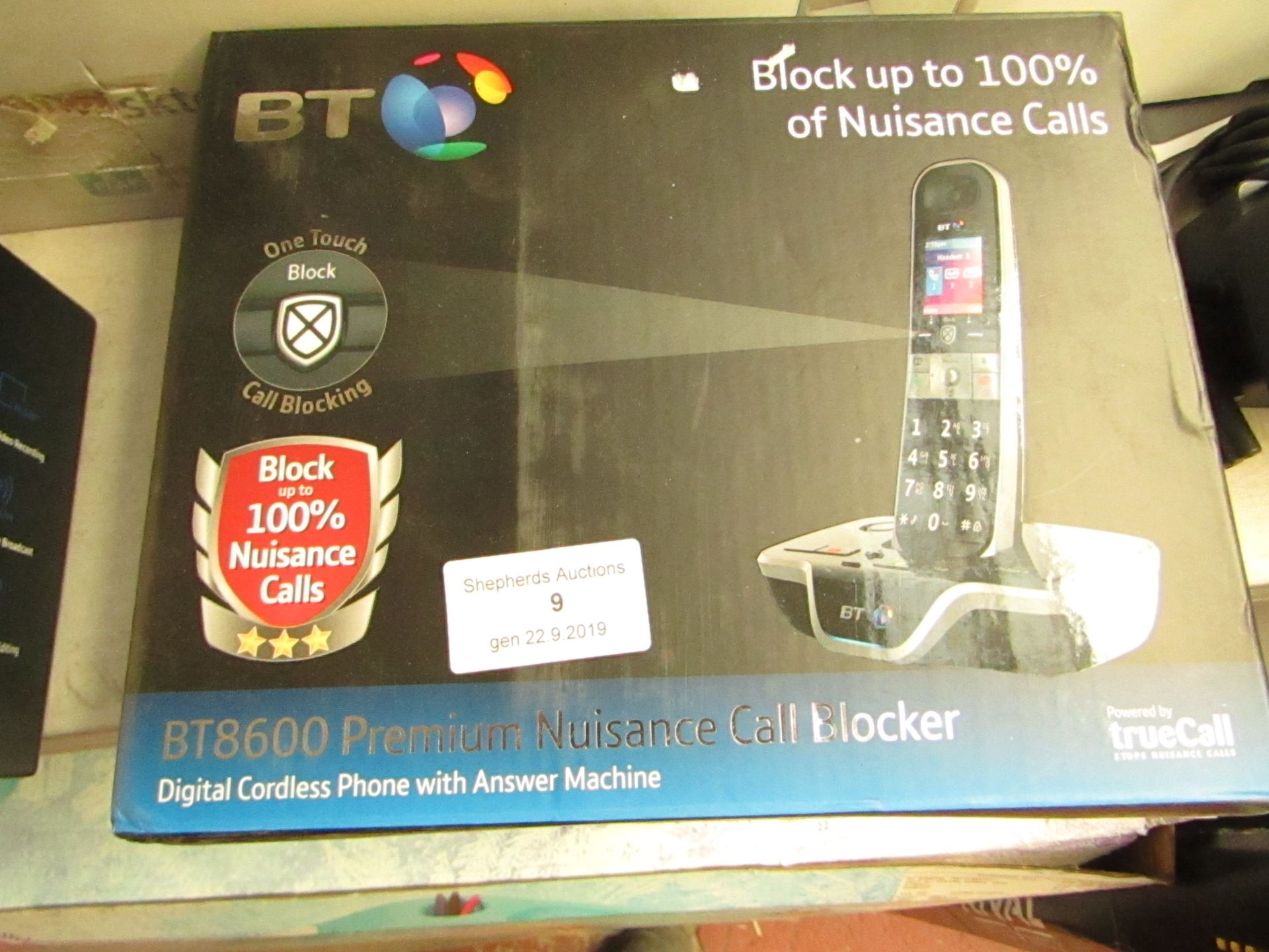 BT BT8600 premium nuisance call blocker single cordless home phone, untested and boxed.