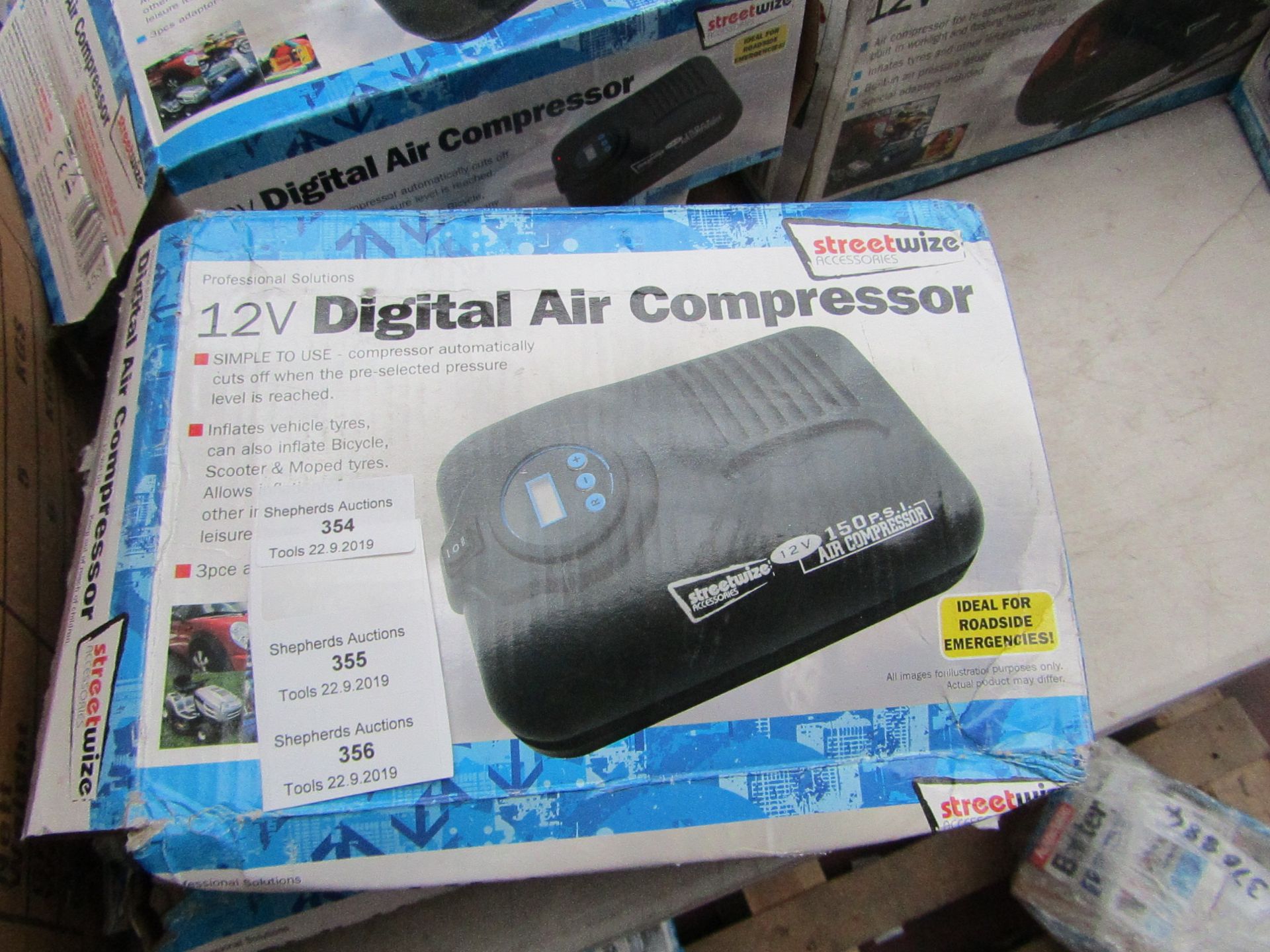 2x Streetwise 12v Air compressors, boxed and unchecked