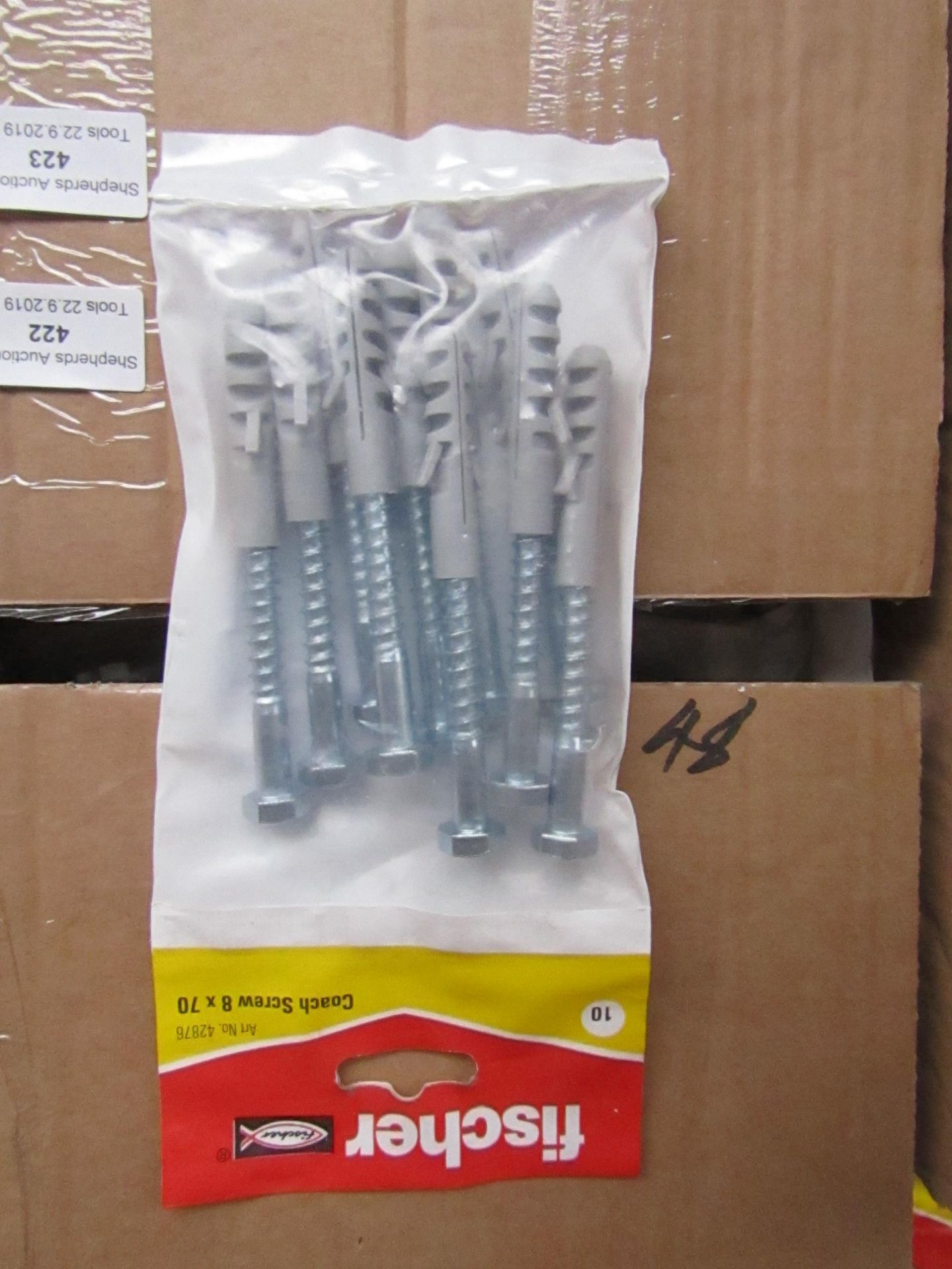 5x packs of 10 Fischer 8x70 Coach screws with wall plugs, ne