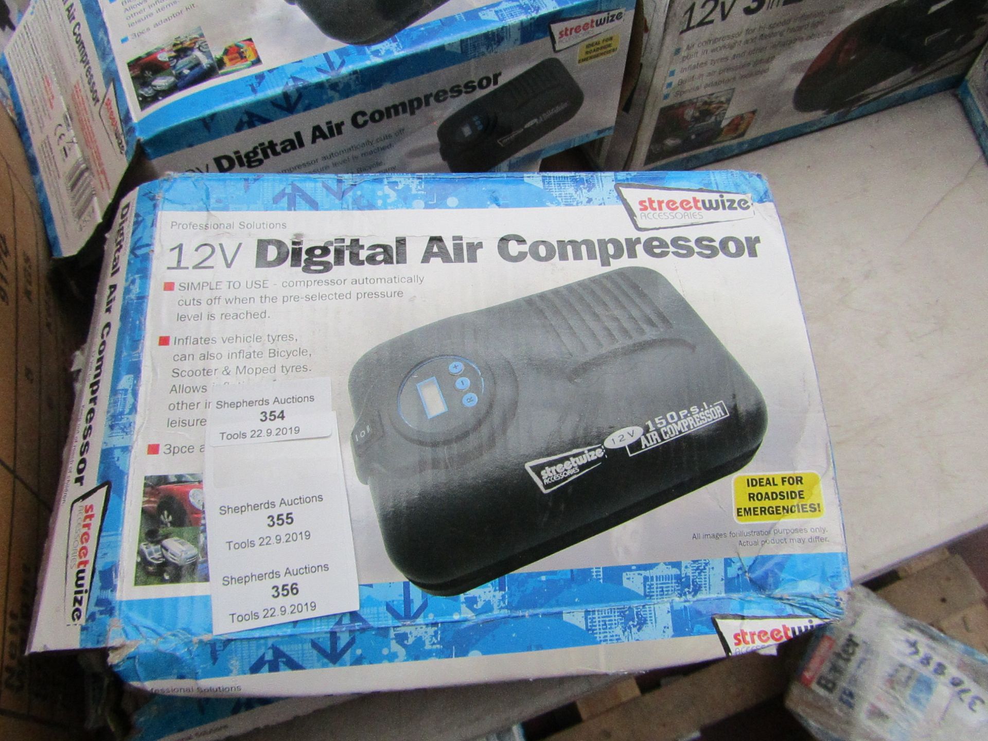 2x Streetwise 12v Air compressors, boxed and unchecked