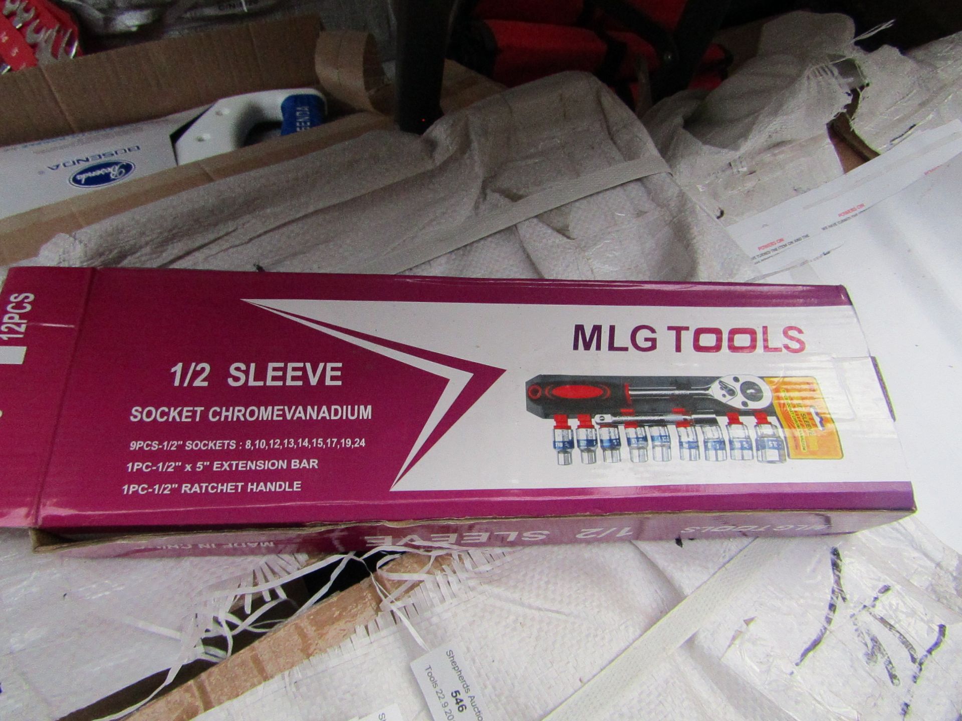 box of 20x MLG tools Socket set with ratchet handle, new and box