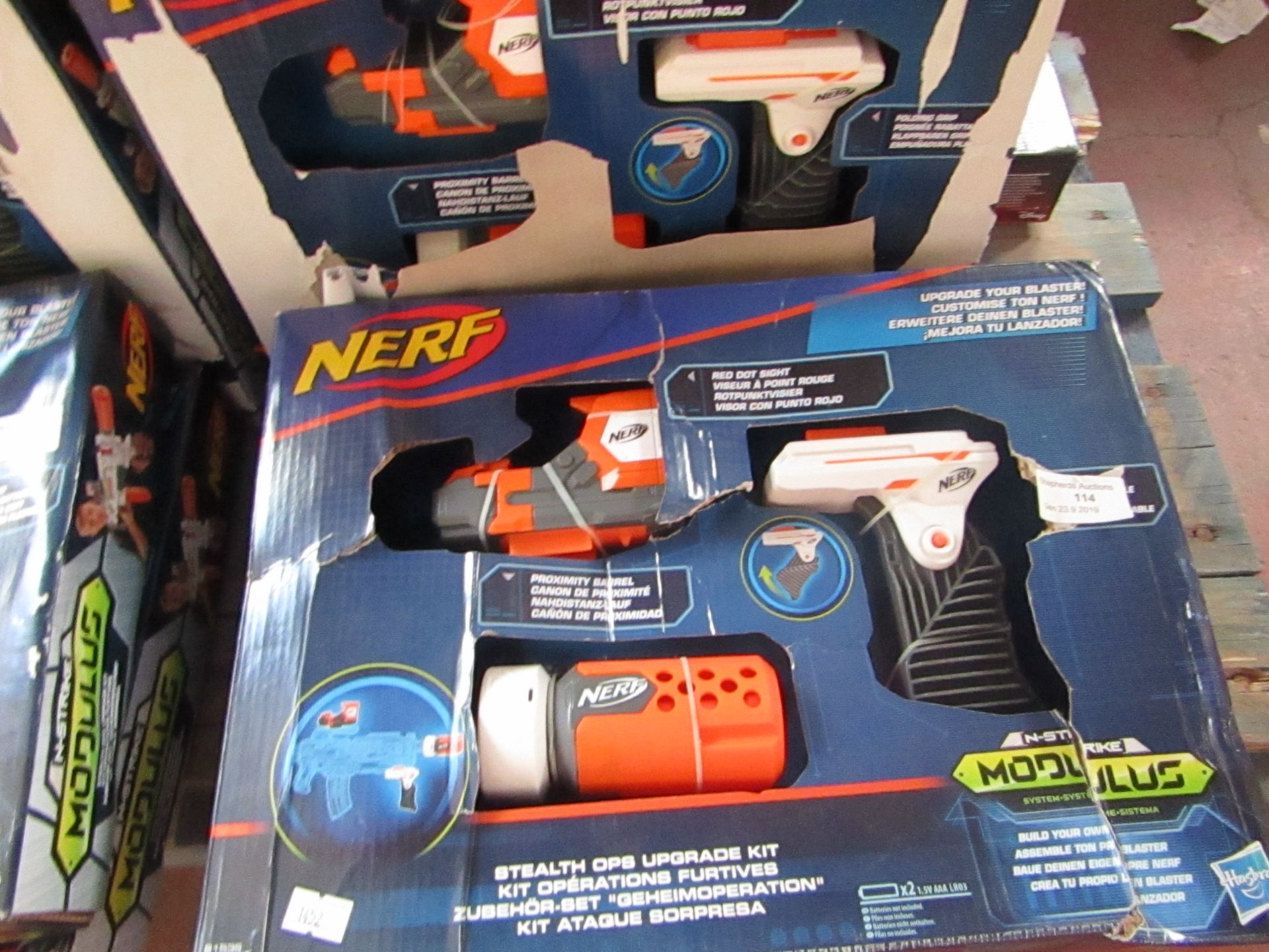 3x Nerf stealth ops upgrade kit, all in damaged packaging.