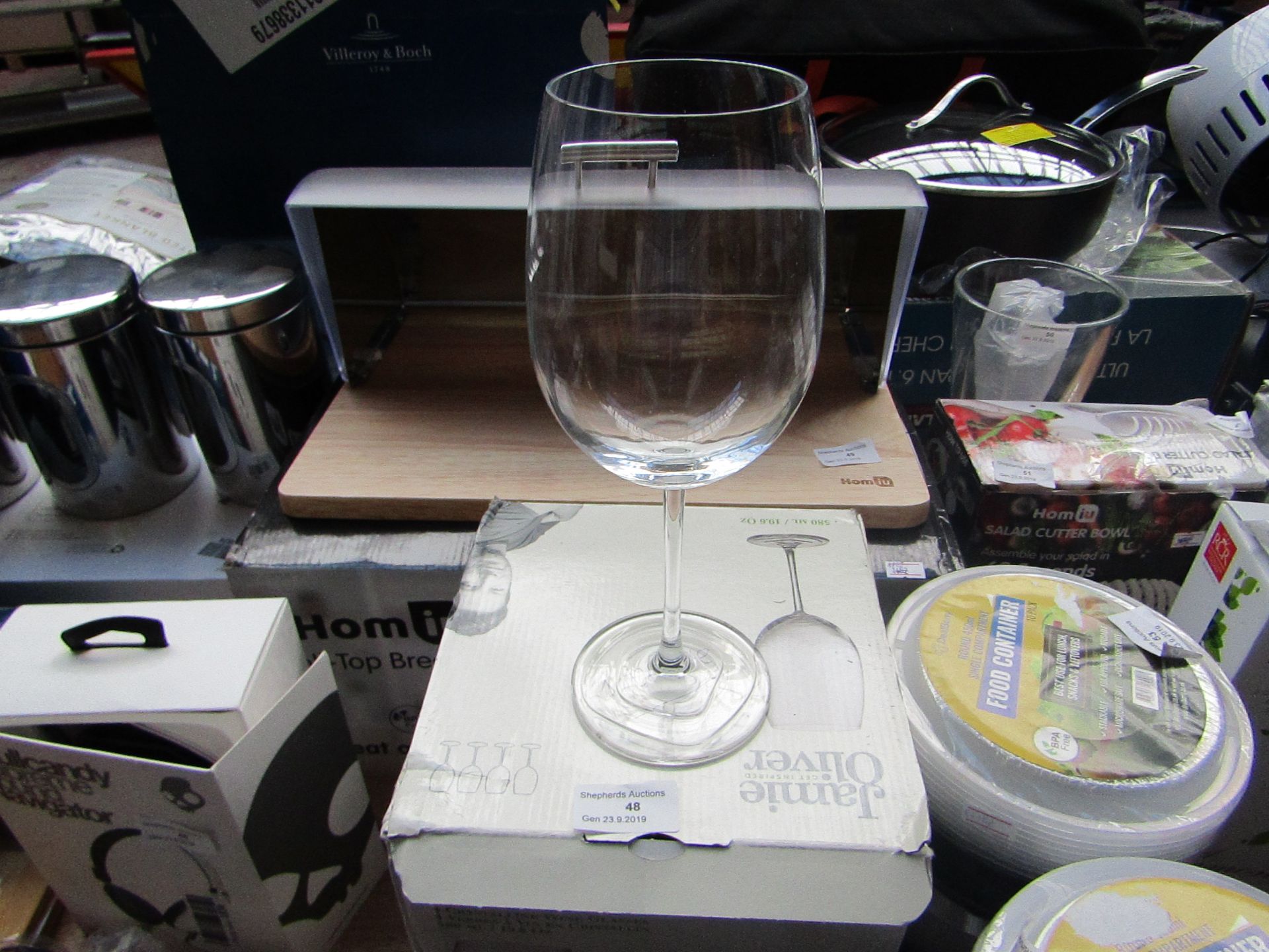 Jamie Oliver 3 Crystalline Wine Glasses, was a 4 piece set but one broke. Boxed.