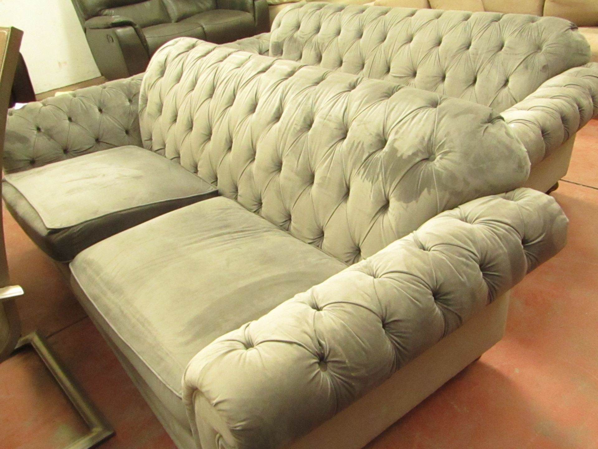 Three Seater, 2 cushion Crushed velvet button back sofa.