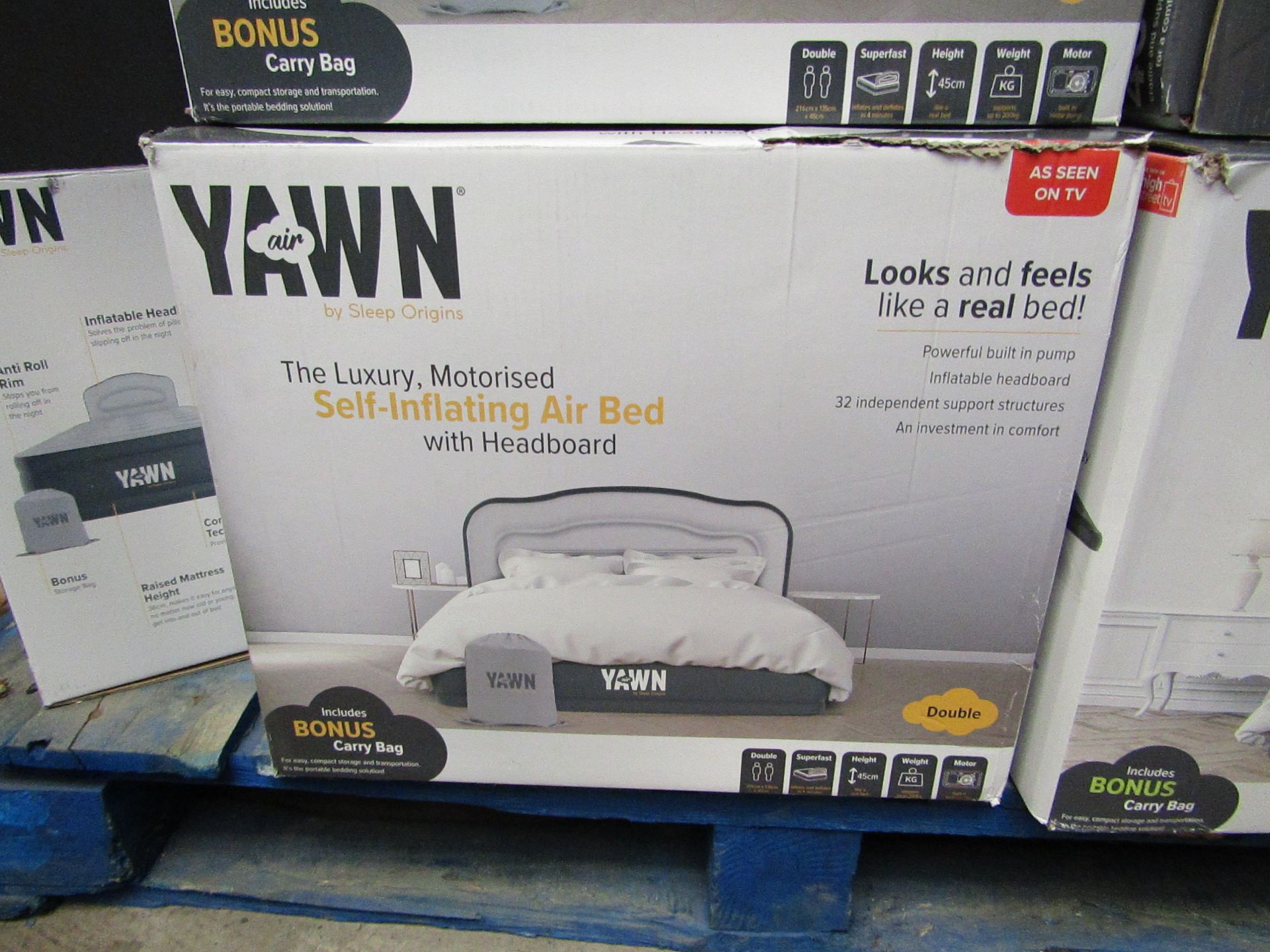 Yawn self-inflating air bed with headboard, size double, unchecked and boxed. RRP £69.99 at Argos,