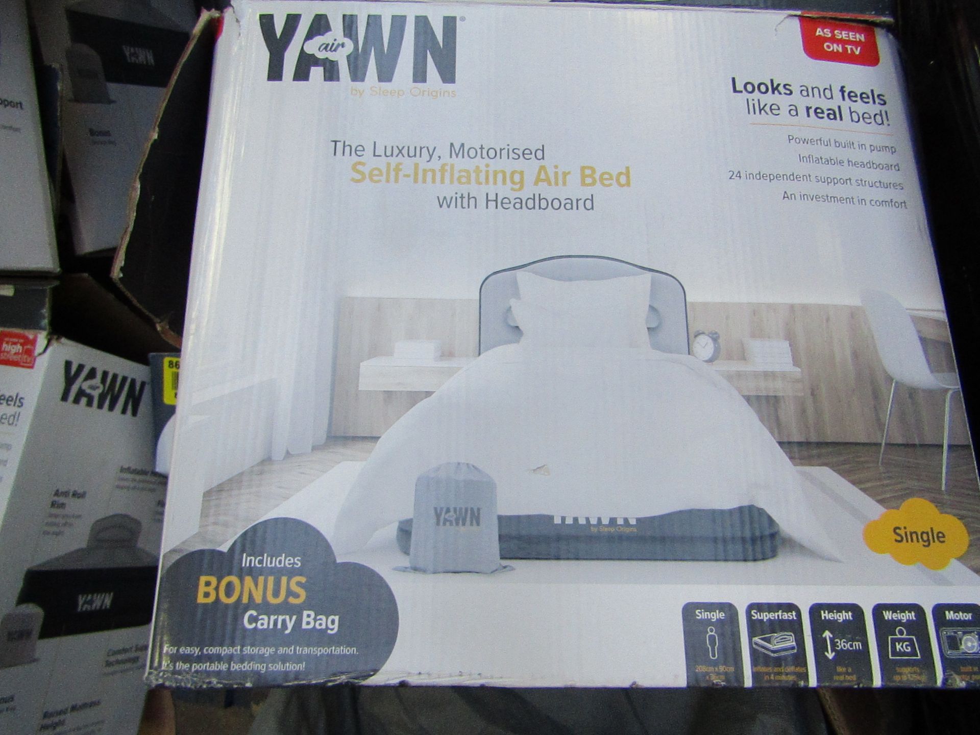 Yawn Single Air bed with built in Pump, boxed (box may be damaged), item is unchecked, RRP £59.99 at