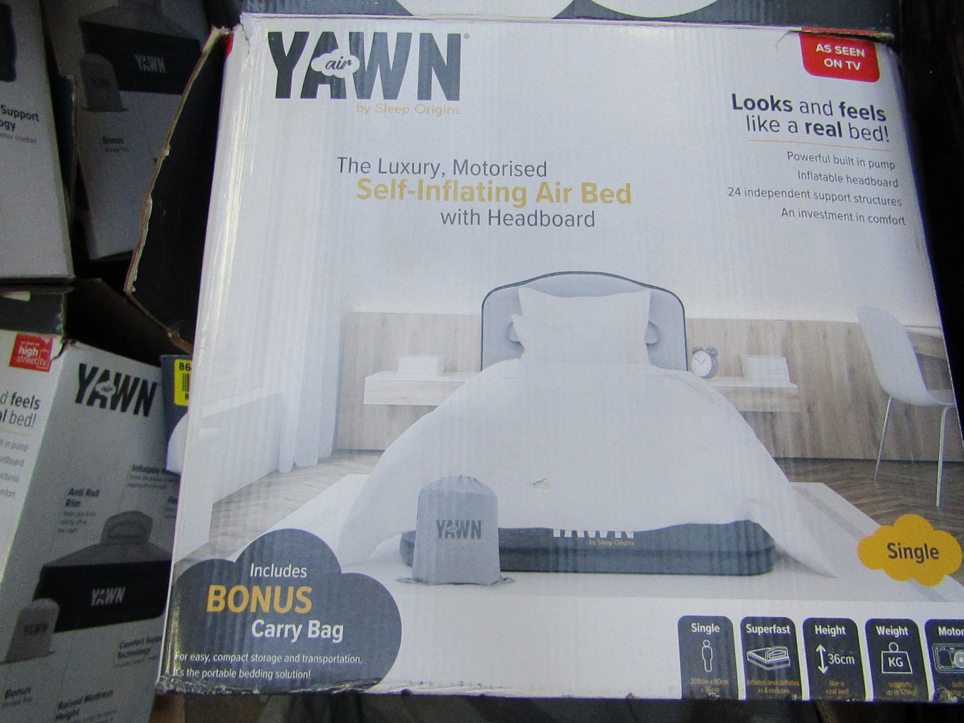 Yawn Single Air bed with built in Pump, boxed (box may be damaged), item is unchecked, RRP £59.99 at