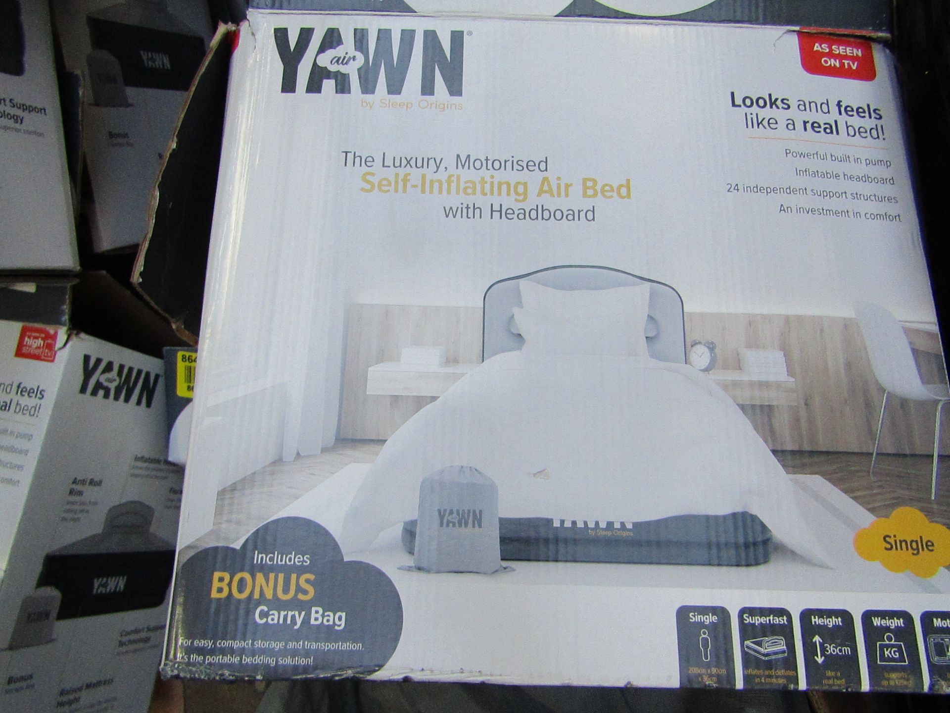 Yawn Single Air bed with built in Pump, boxed (box may be damaged), item is unchecked, RRP £59.99 at