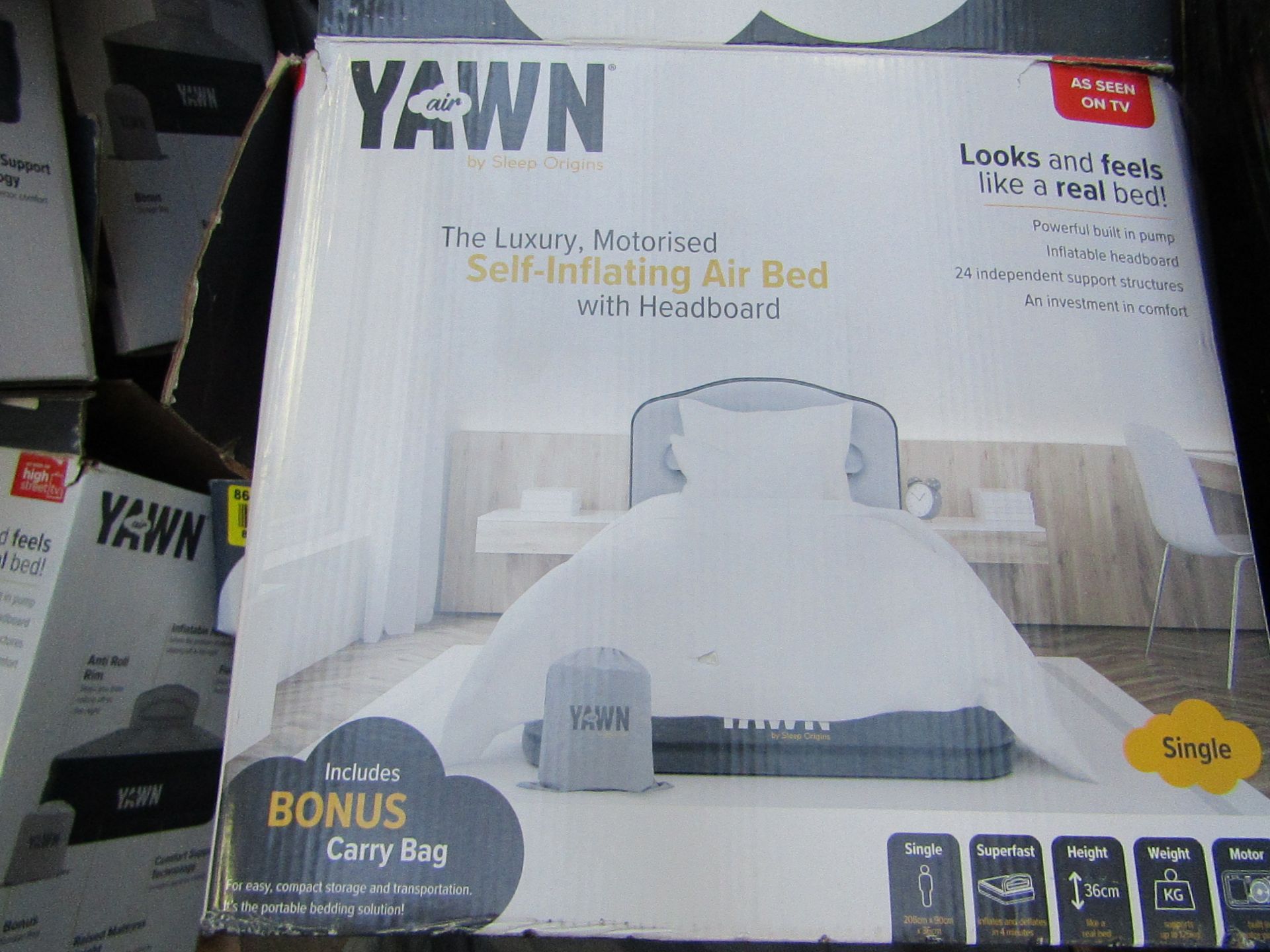 Yawn Single Air bed with built in Pump, boxed (box may be damaged), item is unchecked, RRP £59.99 at