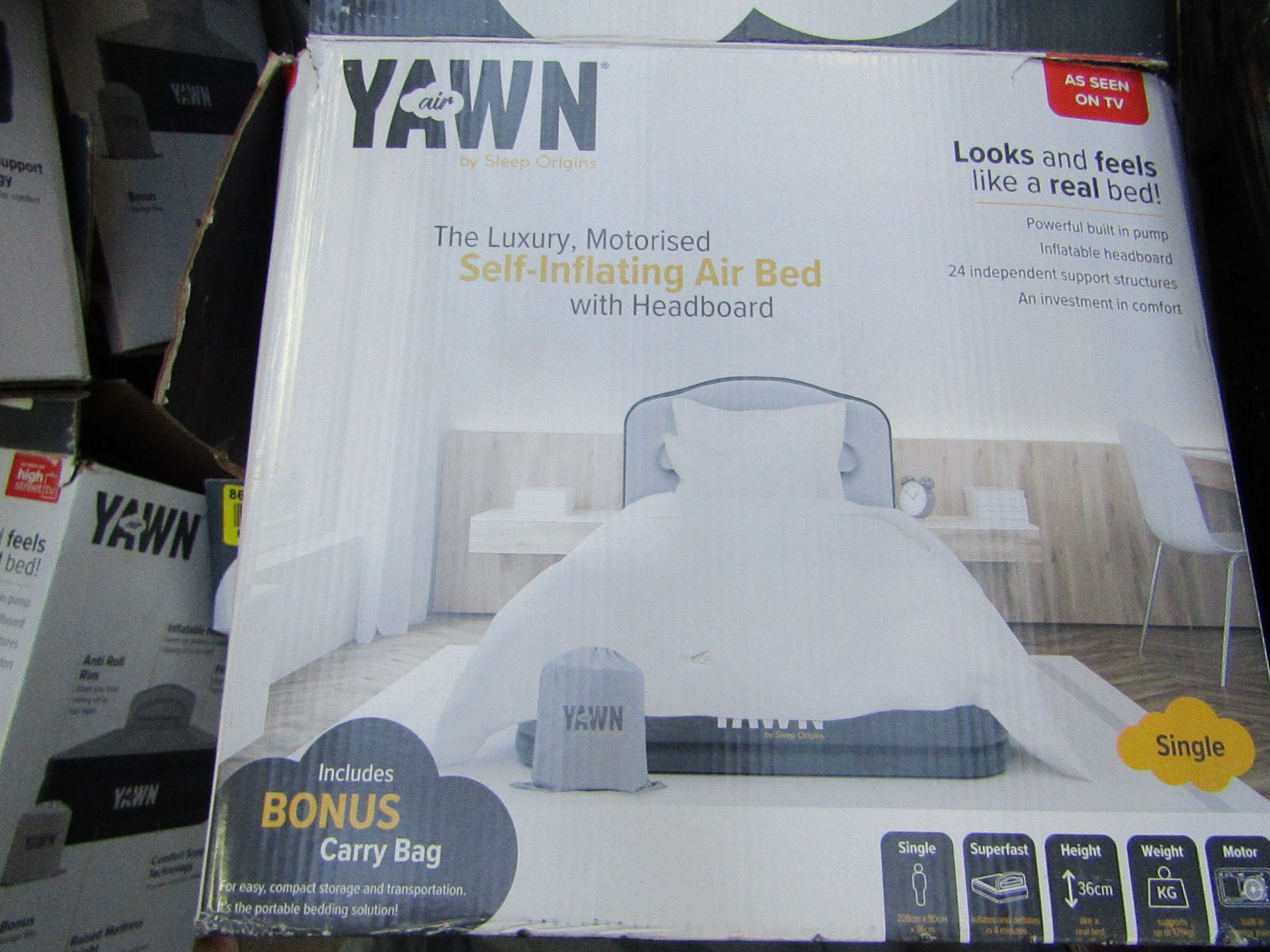 Yawn Single Air bed with built in Pump, boxed (box may be damaged), item is unchecked, RRP £59.99 at