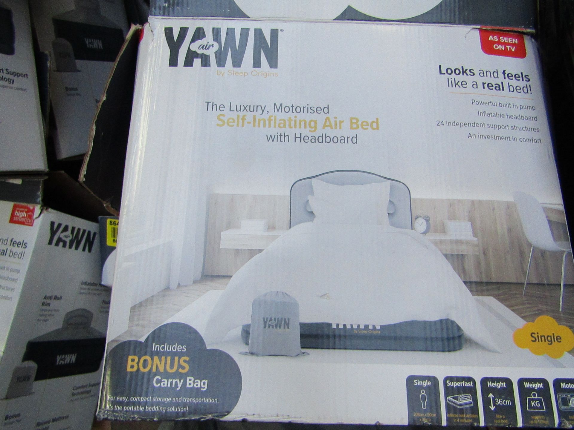 Yawn Single Air bed with built in Pump, boxed (box may be damaged), item is unchecked, RRP £59.99 at