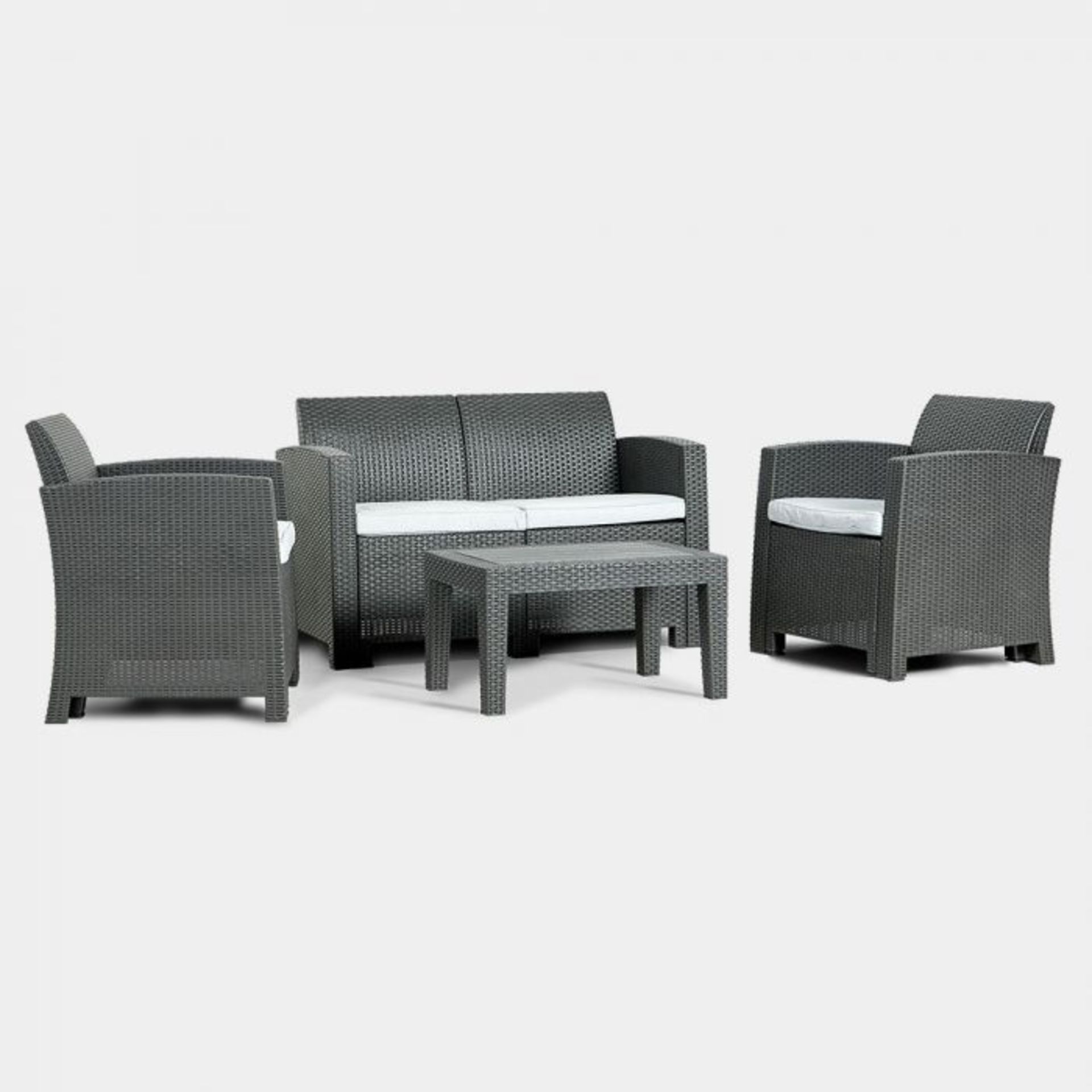 All weather rattan Sofa set, appears to include parts for a small sofa, 2 armchairs and a table,