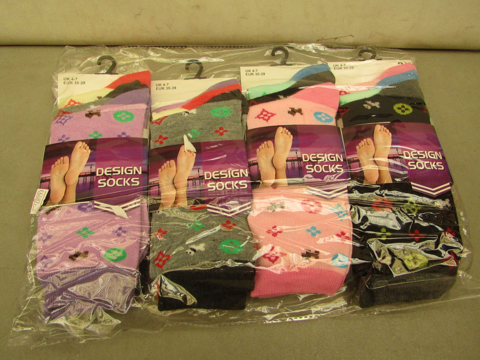 12 x pairs of Design Ladies Patterned Socks size 4-7 new & packaged