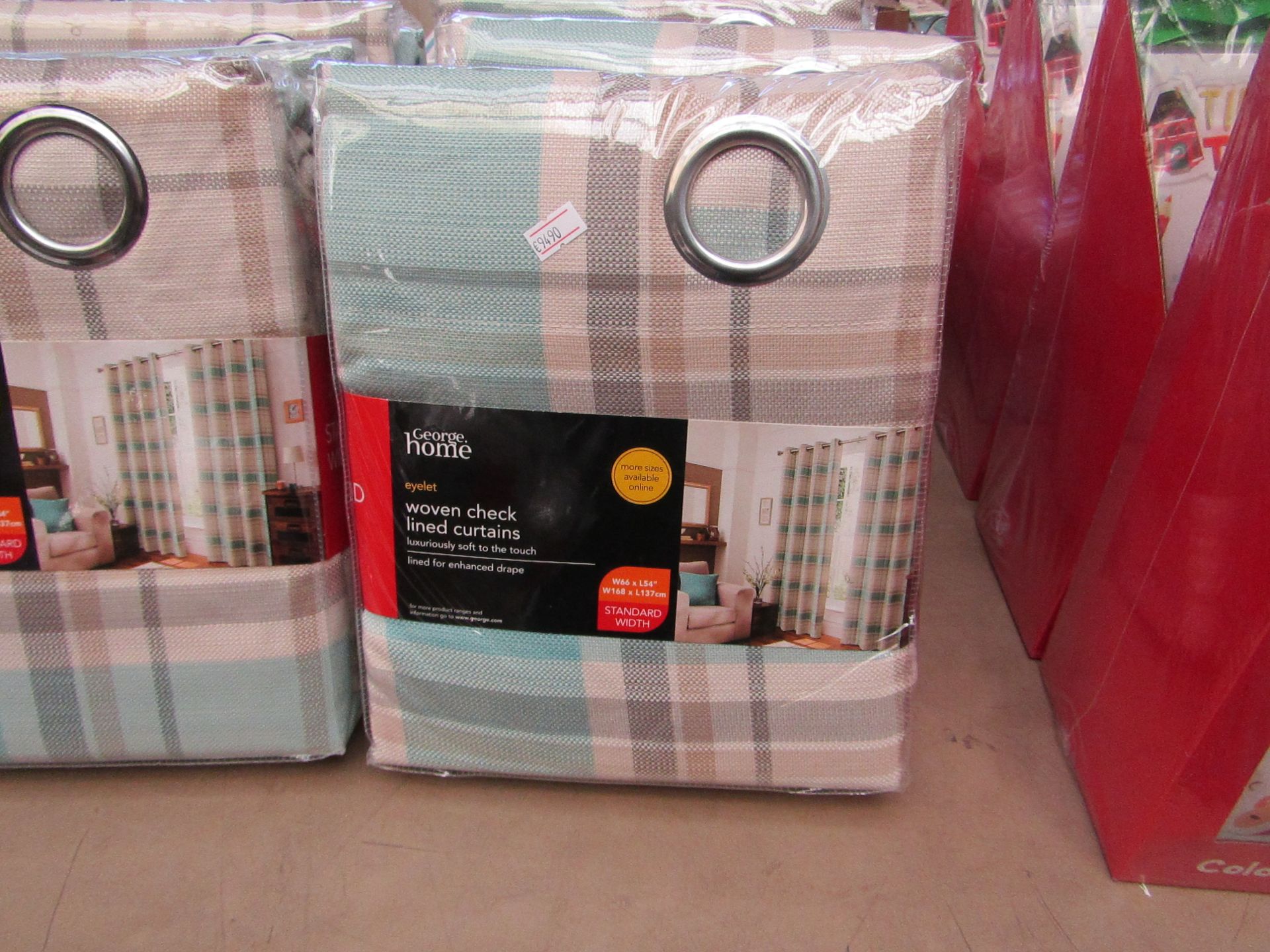 George Home woven checkered lined curtains, W 66 x L 54", new and packaged.