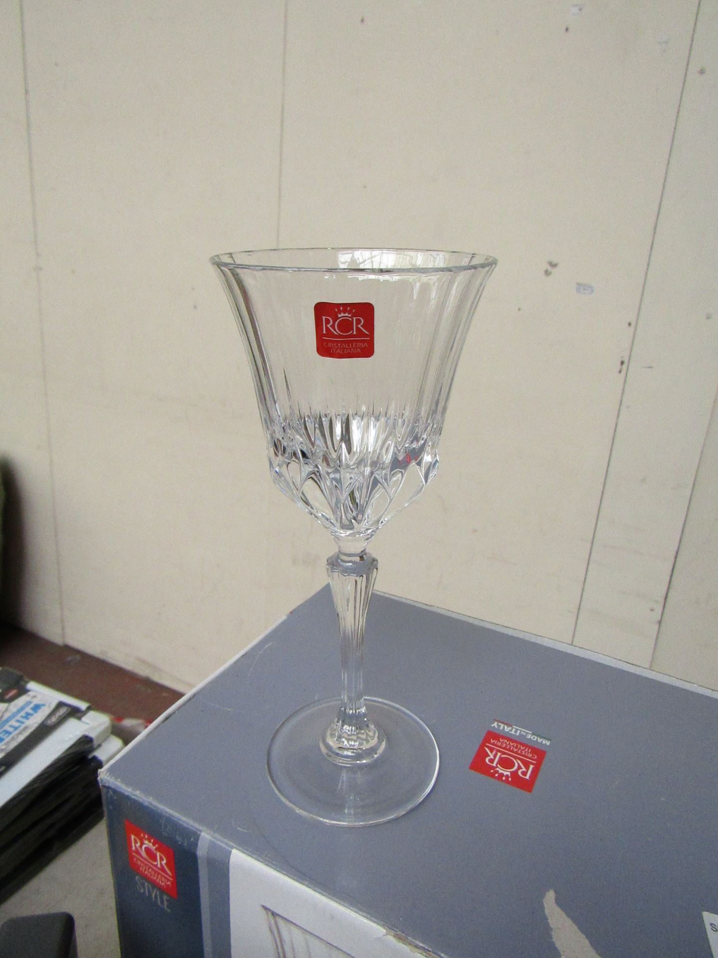 3x RCR wine glasses, boxed.