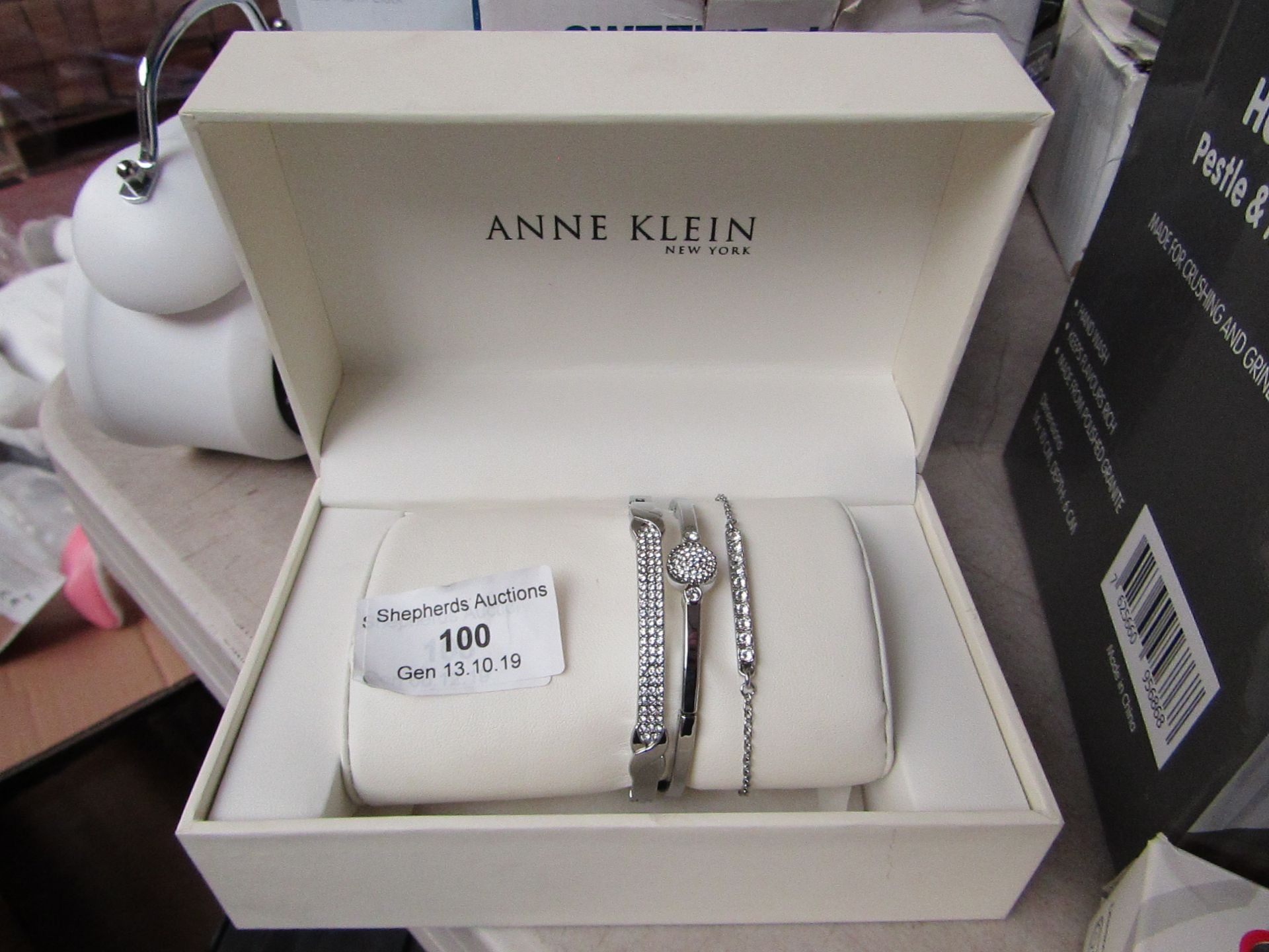 Ann Klein 3 piece jewellery set, was a 4 piece set but watch is missing, comes with carry case.