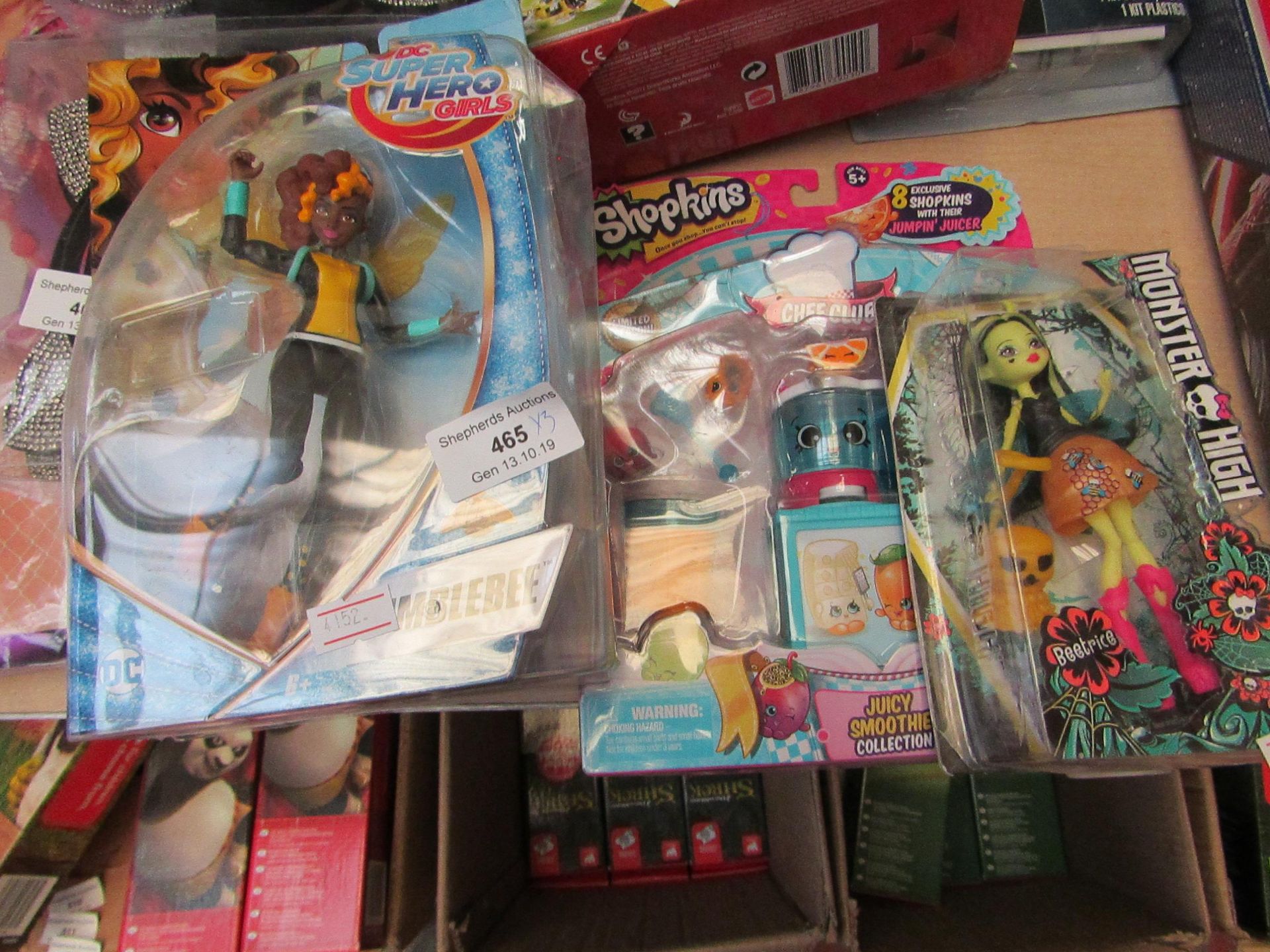 3x Items being; 2x Various dolls with a Shopkins playset, all packaged.