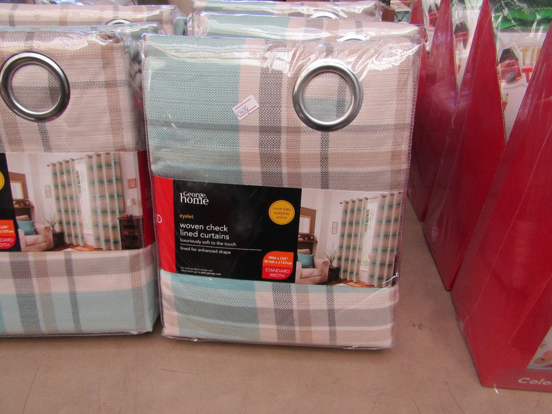 George Home woven checkered lined curtains, W 66 x L 54", new and packaged.