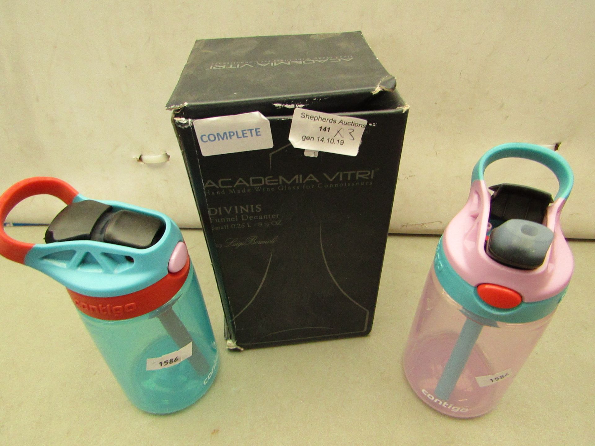 3 items being 1 x Academia Vitri Funnel Decanter boxed 2 x Contigo Water Bottles