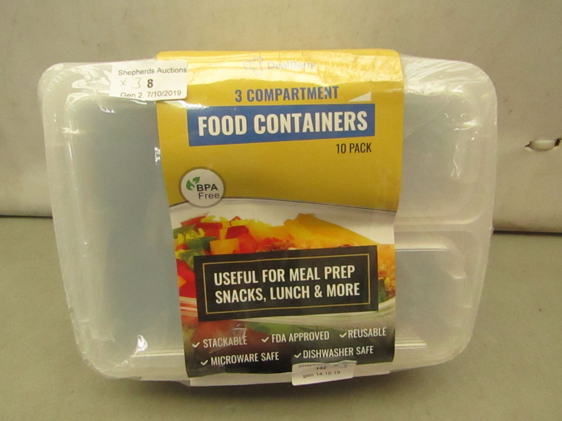 2 x 10 pack 3 Compartment Food containers new & packaged