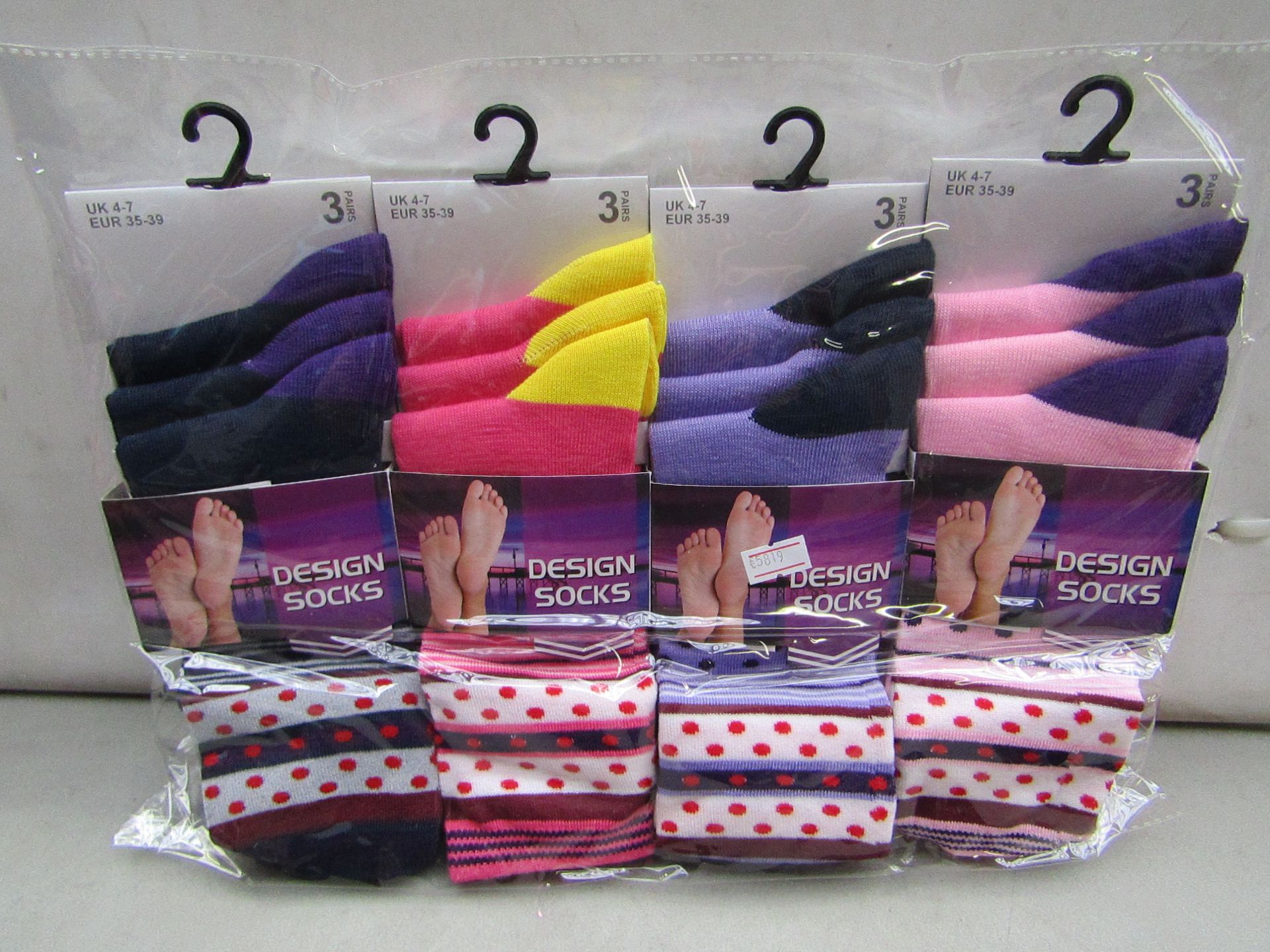 Pack of 12 ladies Design Socks size 4-7 all new in packaging