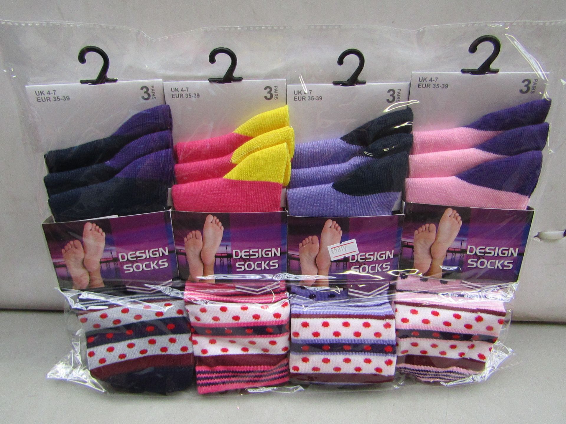 Pack of 12 ladies Design Socks size 4-7 all new in packaging