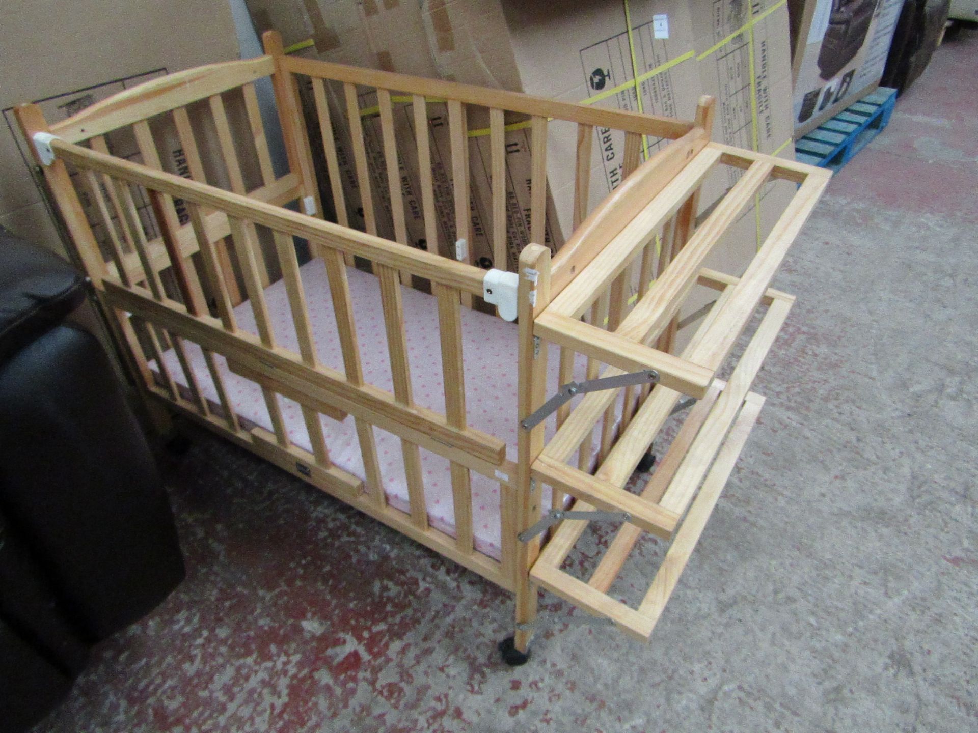 Wooden Cot with Blue Mattress, new and boxed