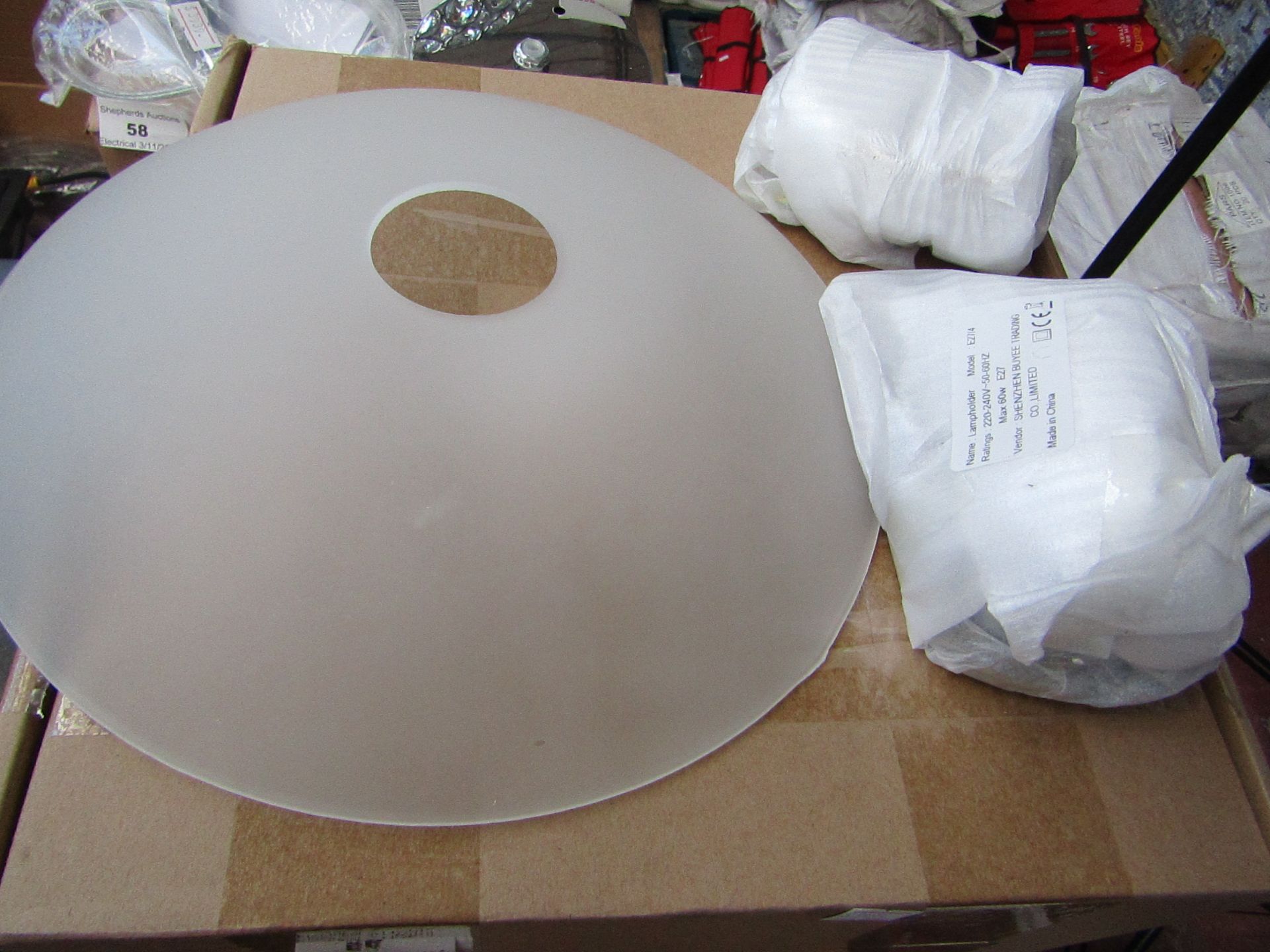 Ceiling light with smoked lamp shade, untested and boxed.