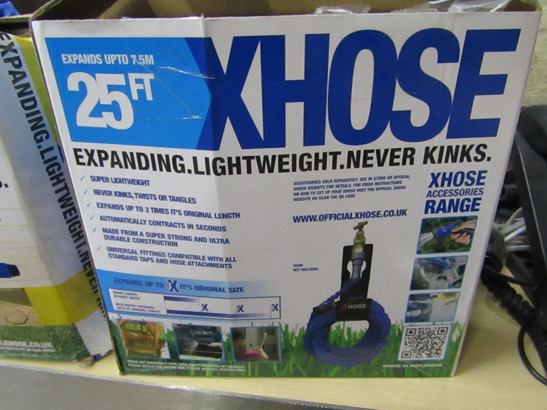 25ft Xhose Expanding Hose.Boxed but unchecked.PLEASE NOTE THIS ITEM CANNOT BE RE-SOLD ON AMAZON OR