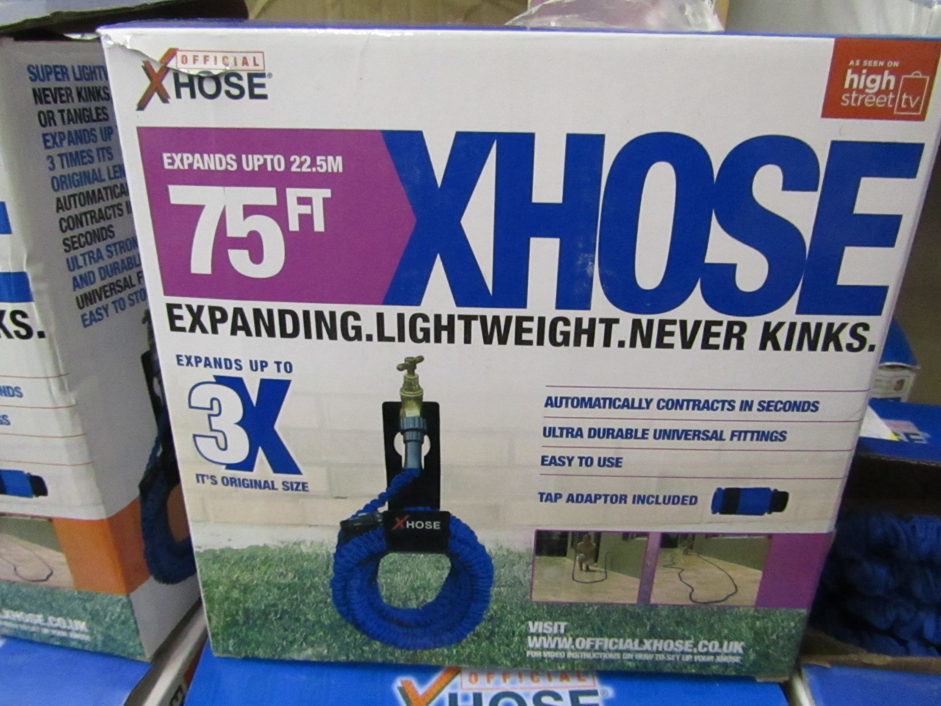 75FT Xhose Expanding Hose.Boxed but unchecked.PLEASE NOTE THIS ITEM CANNOT BE RE-SOLD ON AMAZON OR